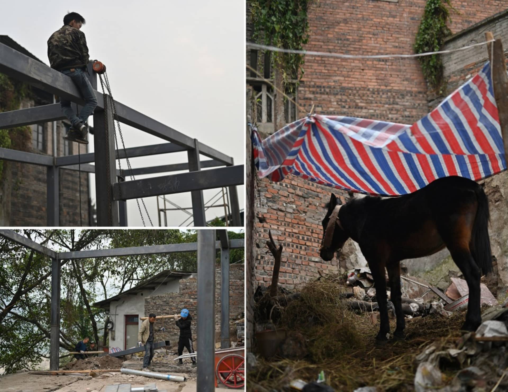 磚造建築工地，工人施工、一匹馬，以及一名手持金屬梁的人