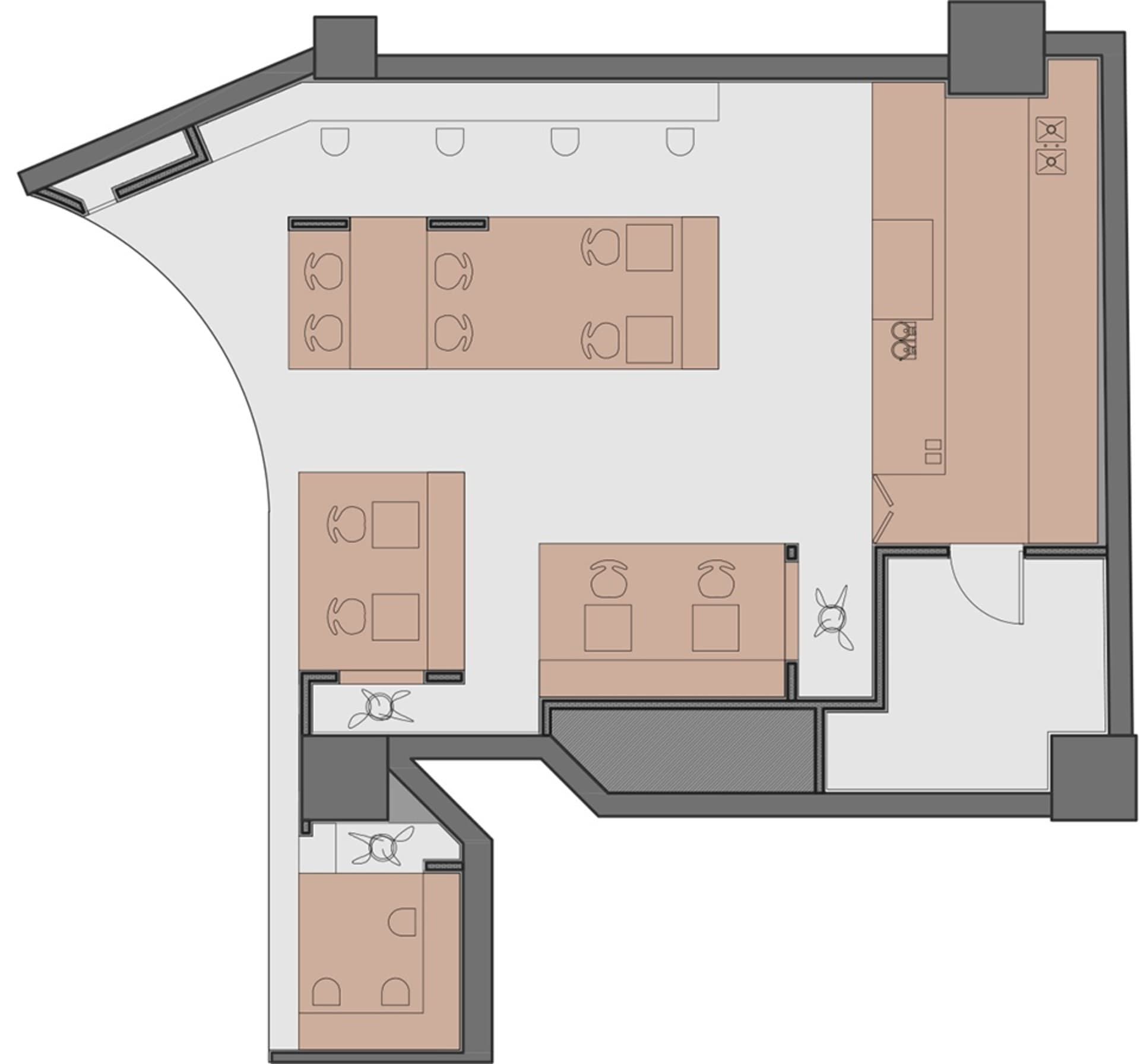 2D floor plan of a restaurant with dining tables, chairs, and labels indicating measurements and layout