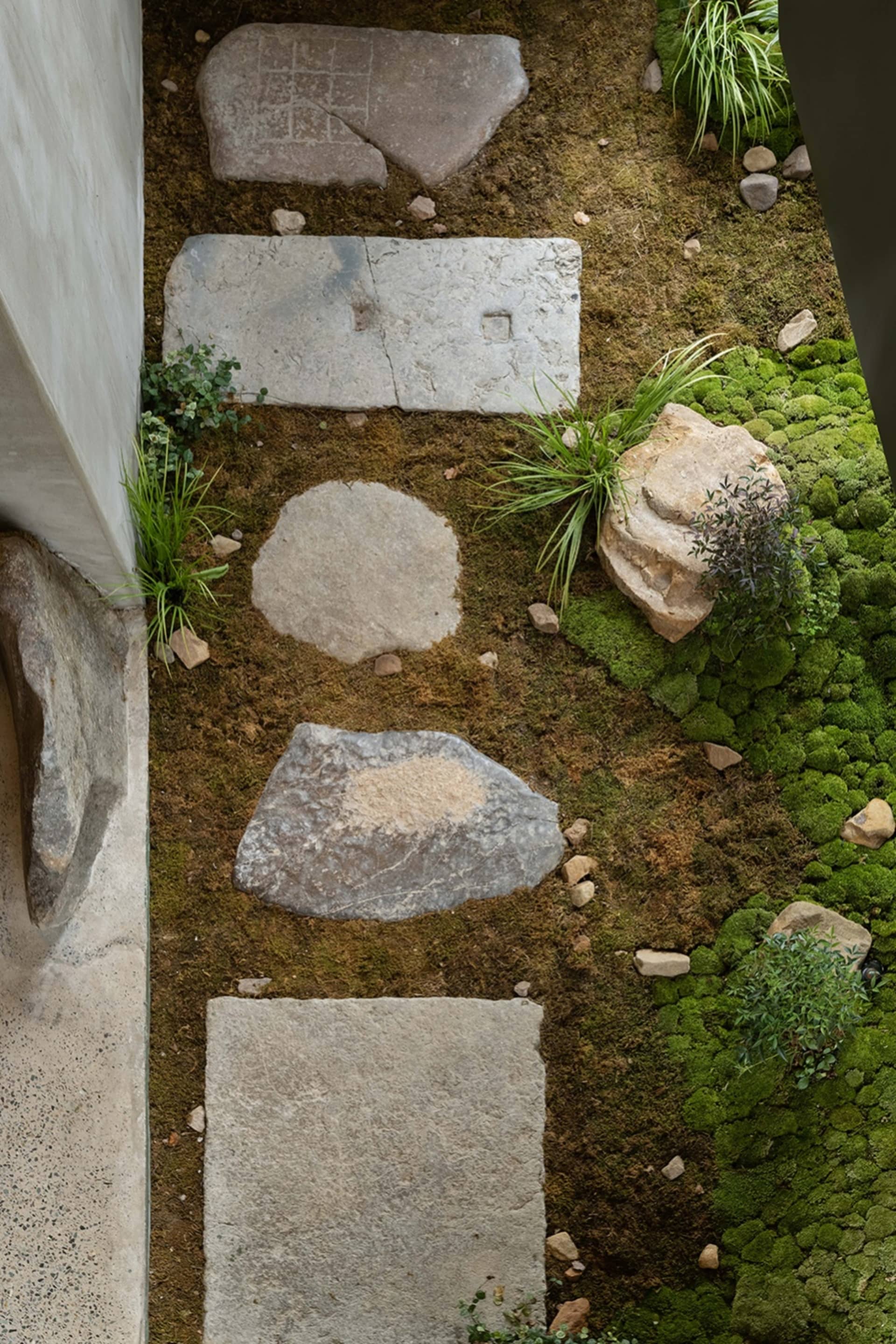 a well-maintained garden with various plants, stones, and intentionally placed rocks