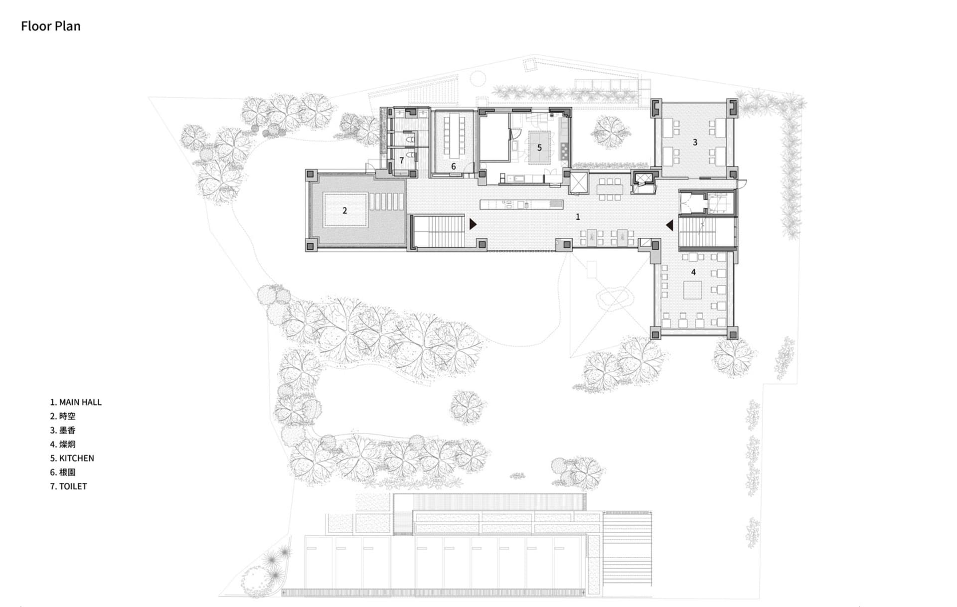 現代多層住宅的 2D 平面圖，乾淨線條與極簡設計元素
