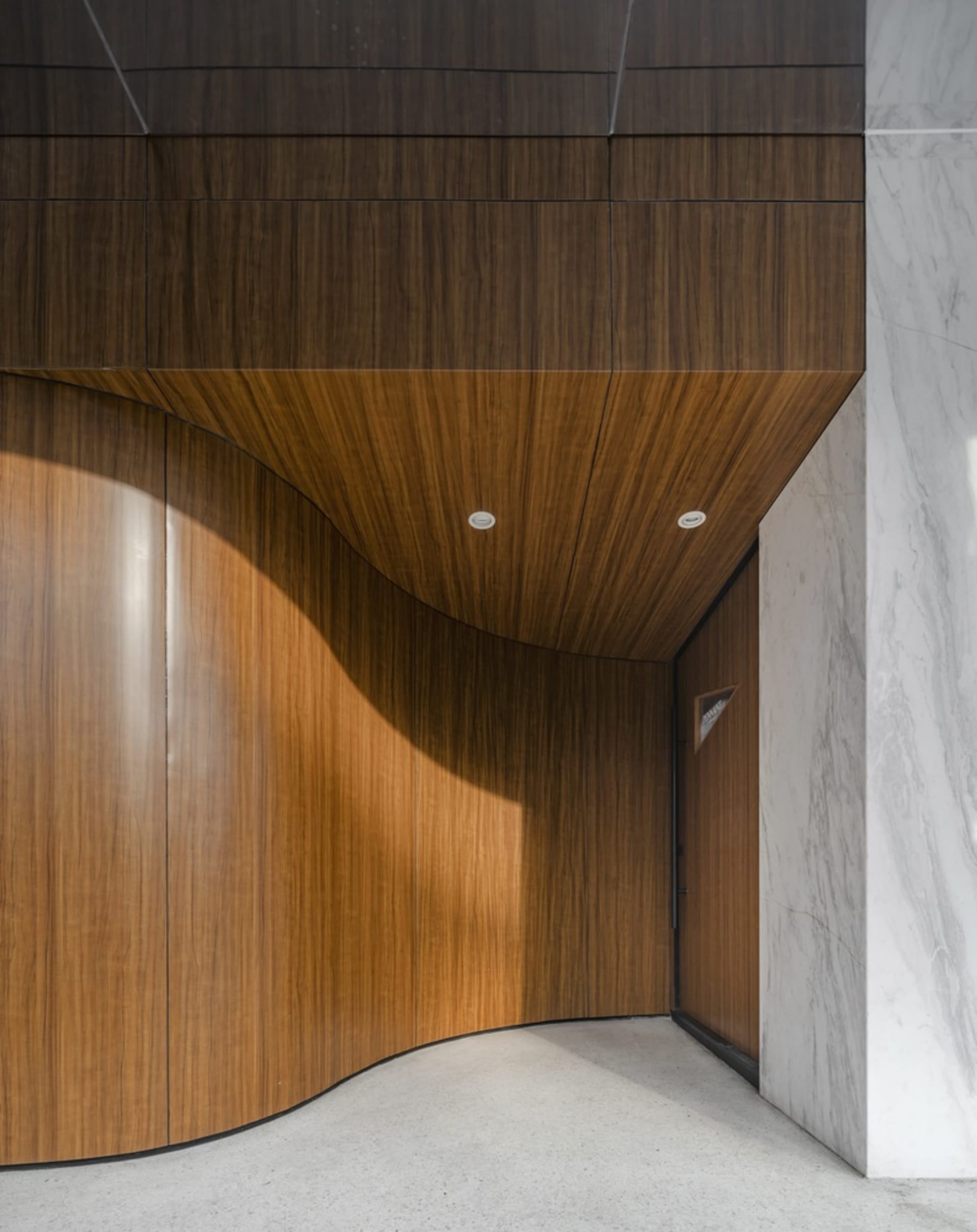 Wooden hallway with two doors, warm and inviting atmosphere, wooden walls and floors
