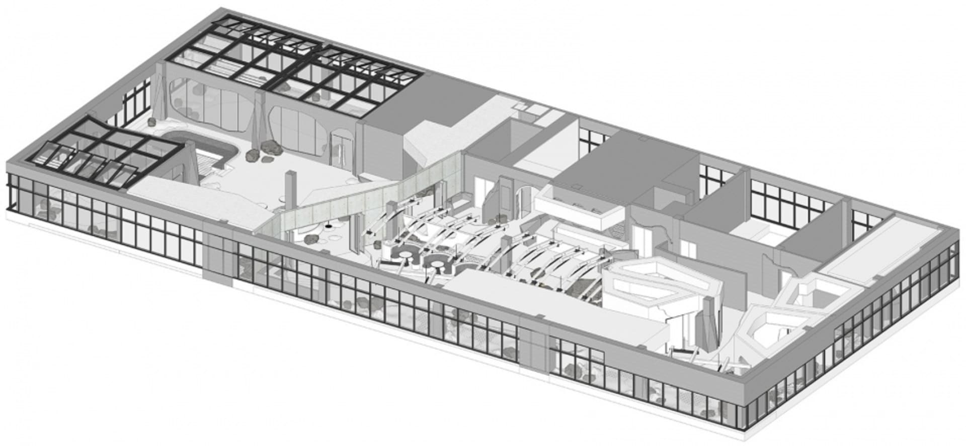 Architectural rendering of a modern building with multiple levels, open areas, and enclosed rooms, featuring concrete and glass materials and ample natural and artificial lighting