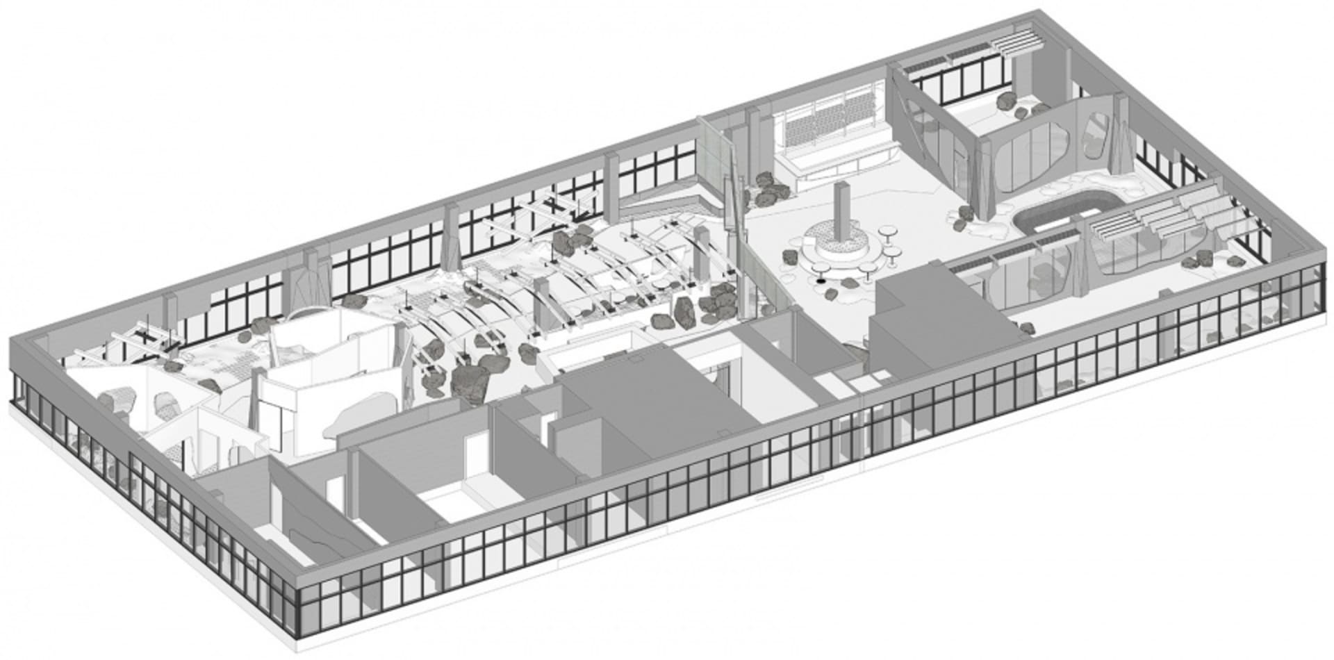 A modern residential interior with various rooms, furniture, and potted plants, featuring clean lines, minimalistic design, and large windows allowing natural light
