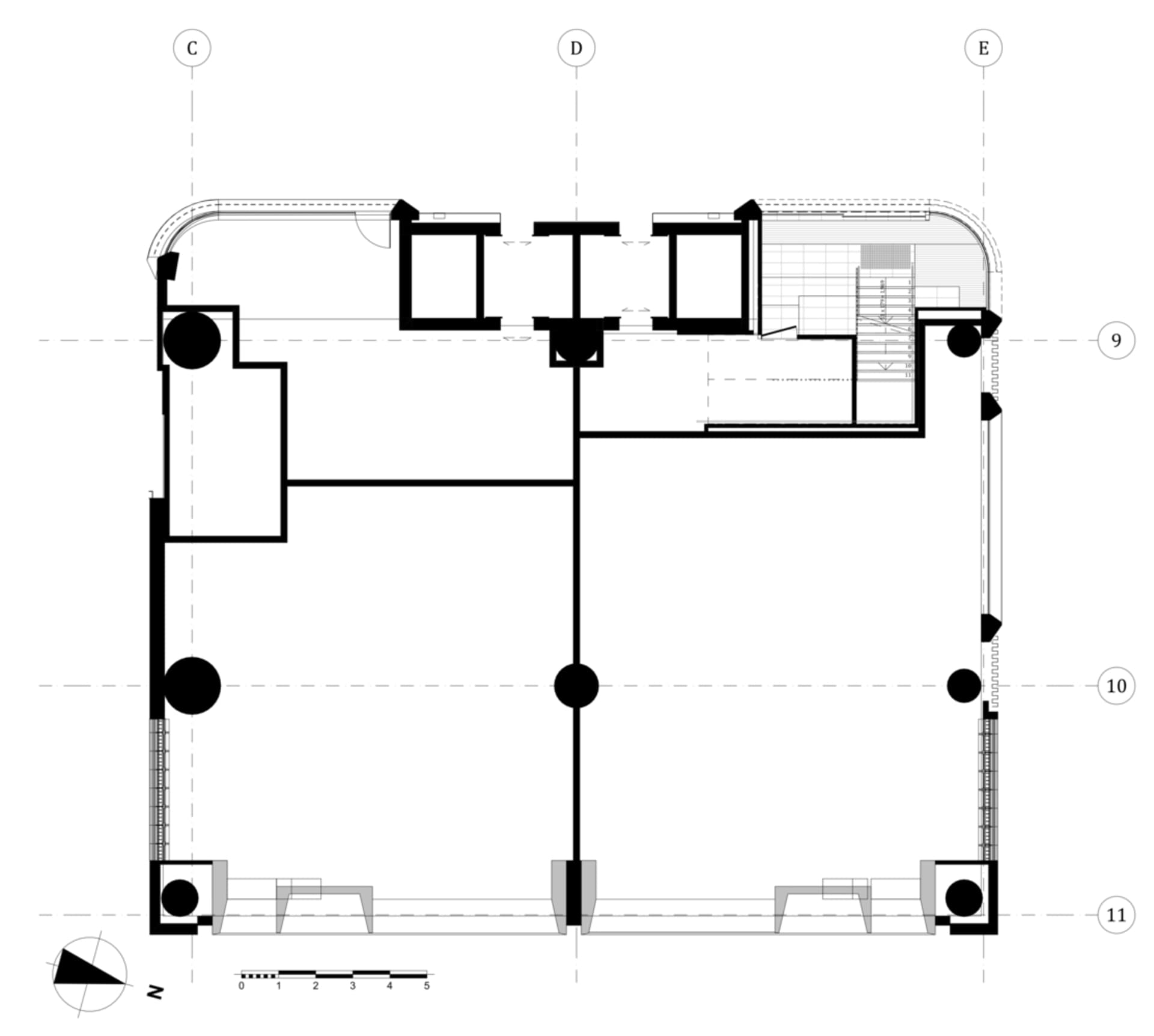 2D floor plan of a modern hotel with a staircase leading to different levels, clean lines, and minimalistic elements