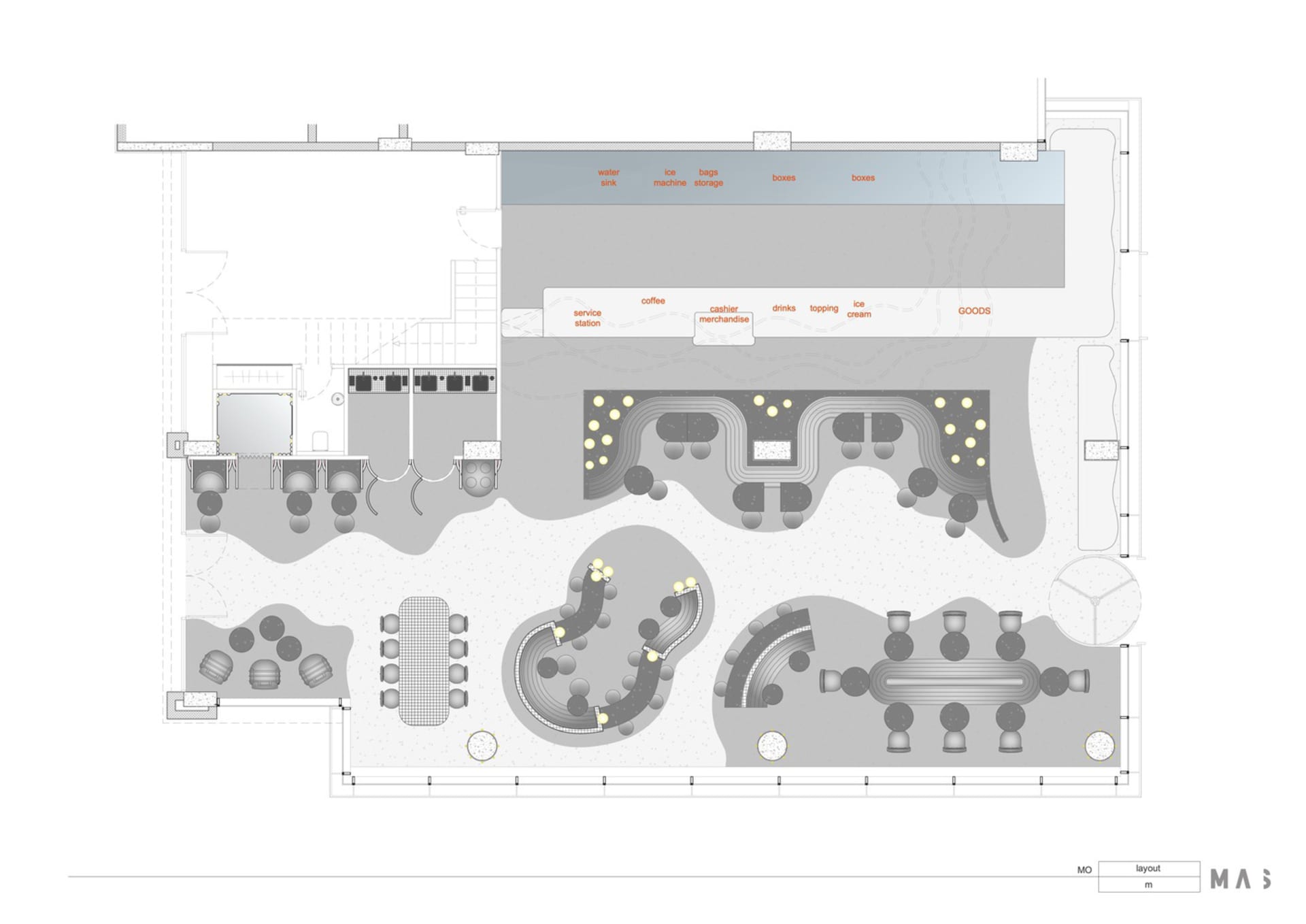 Commercial space with a mix of seating and dining areas, featuring chairs and tables, and a unique blend of architectural styles