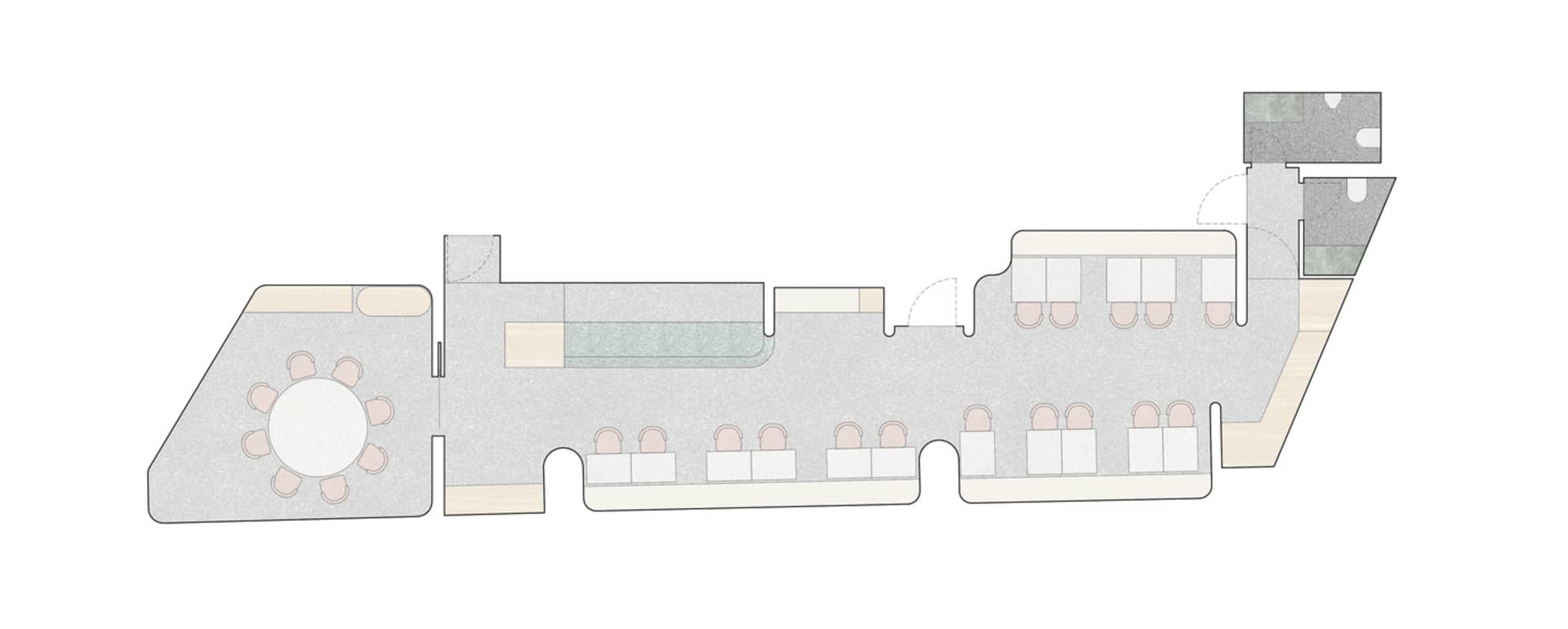 白色背景的現代飯店平面圖，包含餐廳區、廚房及多間臥室，附線稿、標示與尺寸