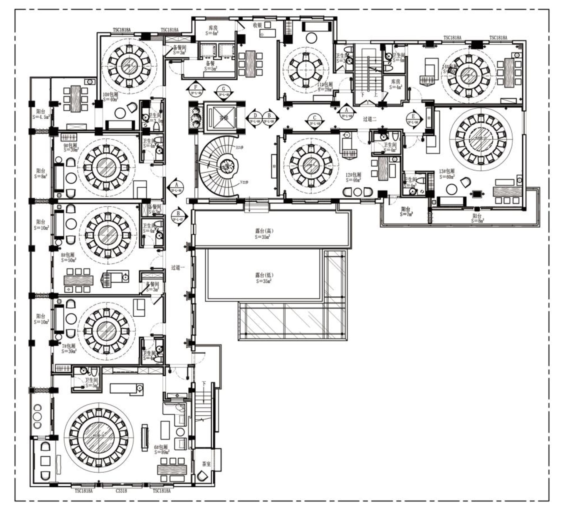 2D floor plan of a modern hotel with multiple rooms, kitchen area, and dining tables, featuring linework, labels, and measurements