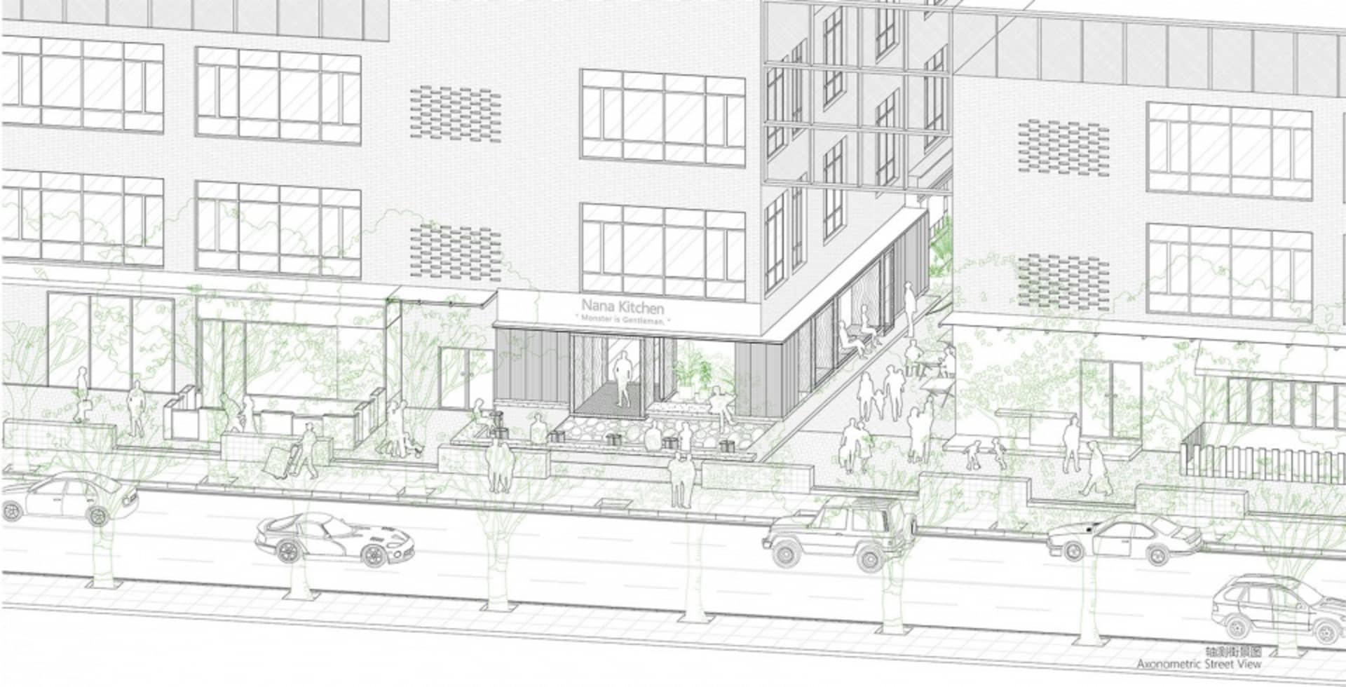 熱鬧都市高樓大廈開放窗戶，人們在外圍走動，充滿活力氛圍