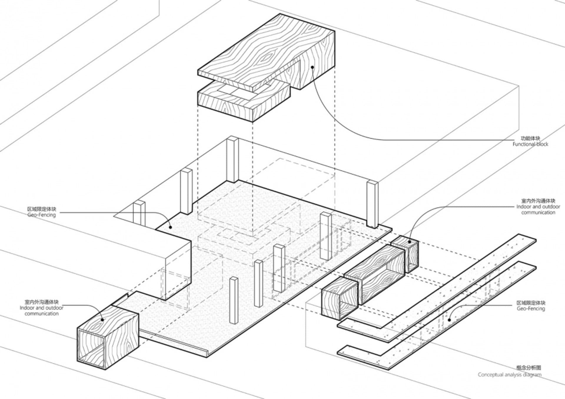 Architectural drawing of a modern building's interior with multiple levels, linework, and labels