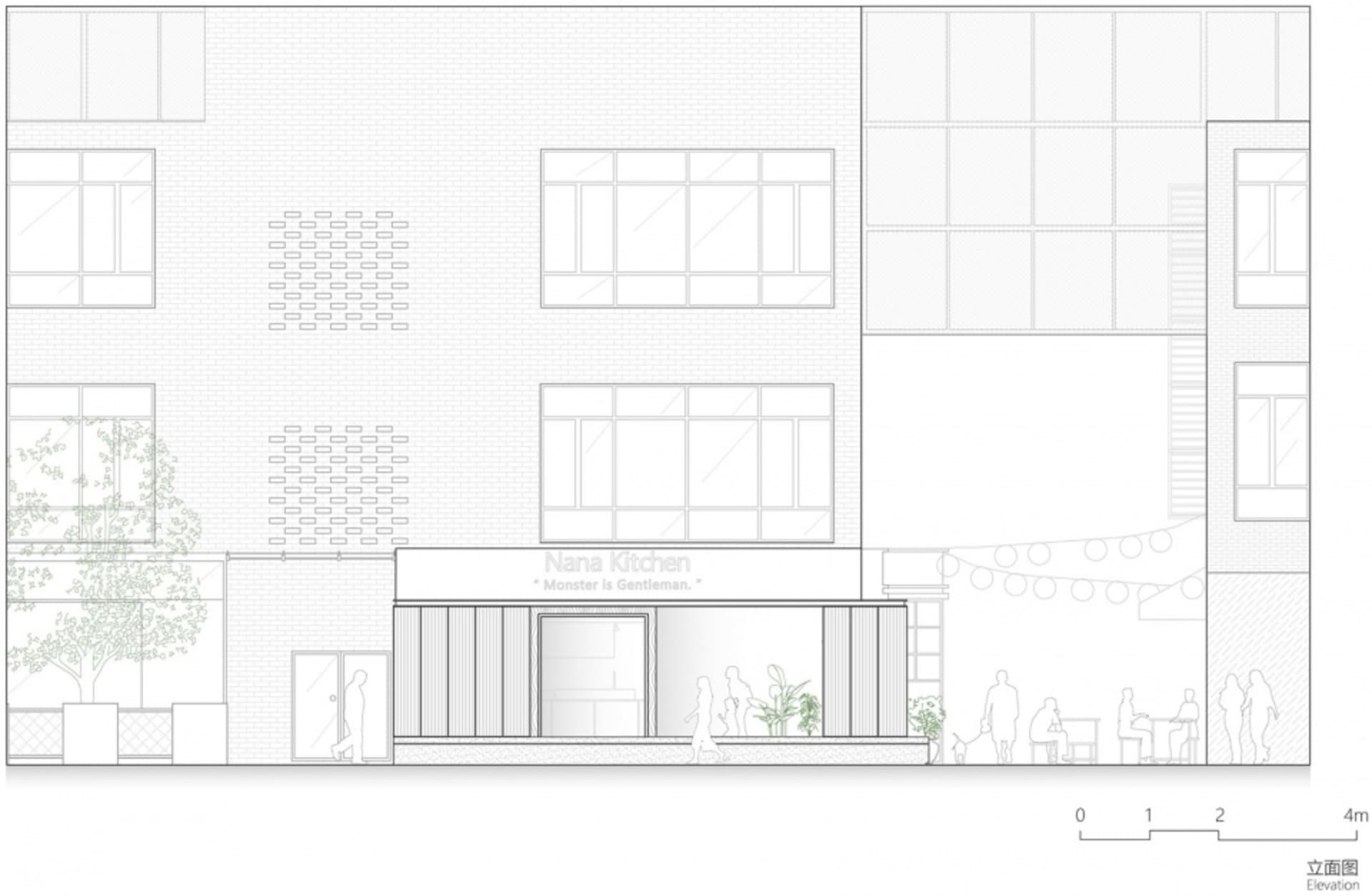 Modern restaurant exterior with a white facade, large windows, and natural light, set amidst a bustling street scene