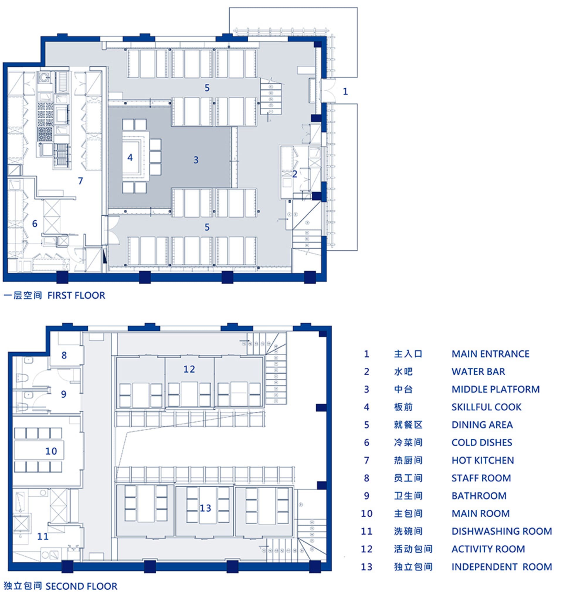 2D floor plan of a modern hotel with blue and white color scheme, featuring various rooms and amenities
