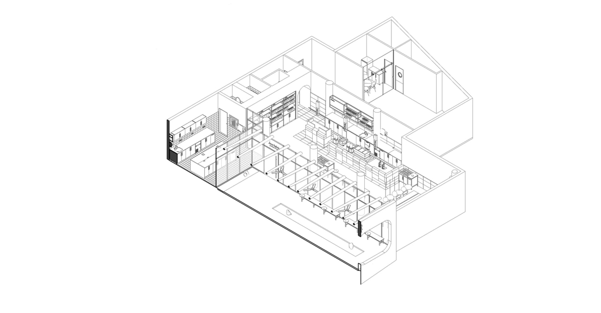 Empty black and white floor plan of a modern building with a kitchen area, dining table, and chairs