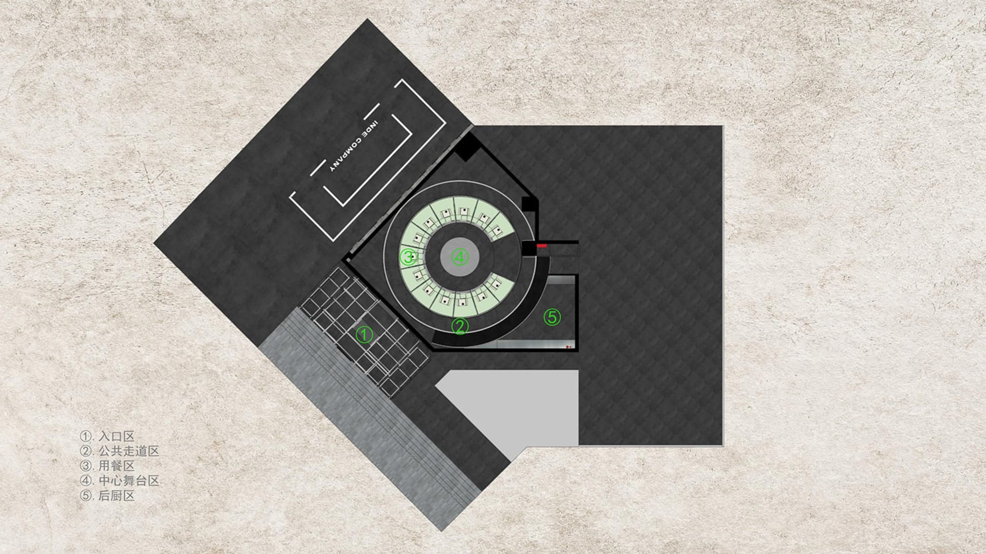 A 2D floor plan of a modern building featuring a central clock tower surrounded by other rooms, with clear labels and measurements