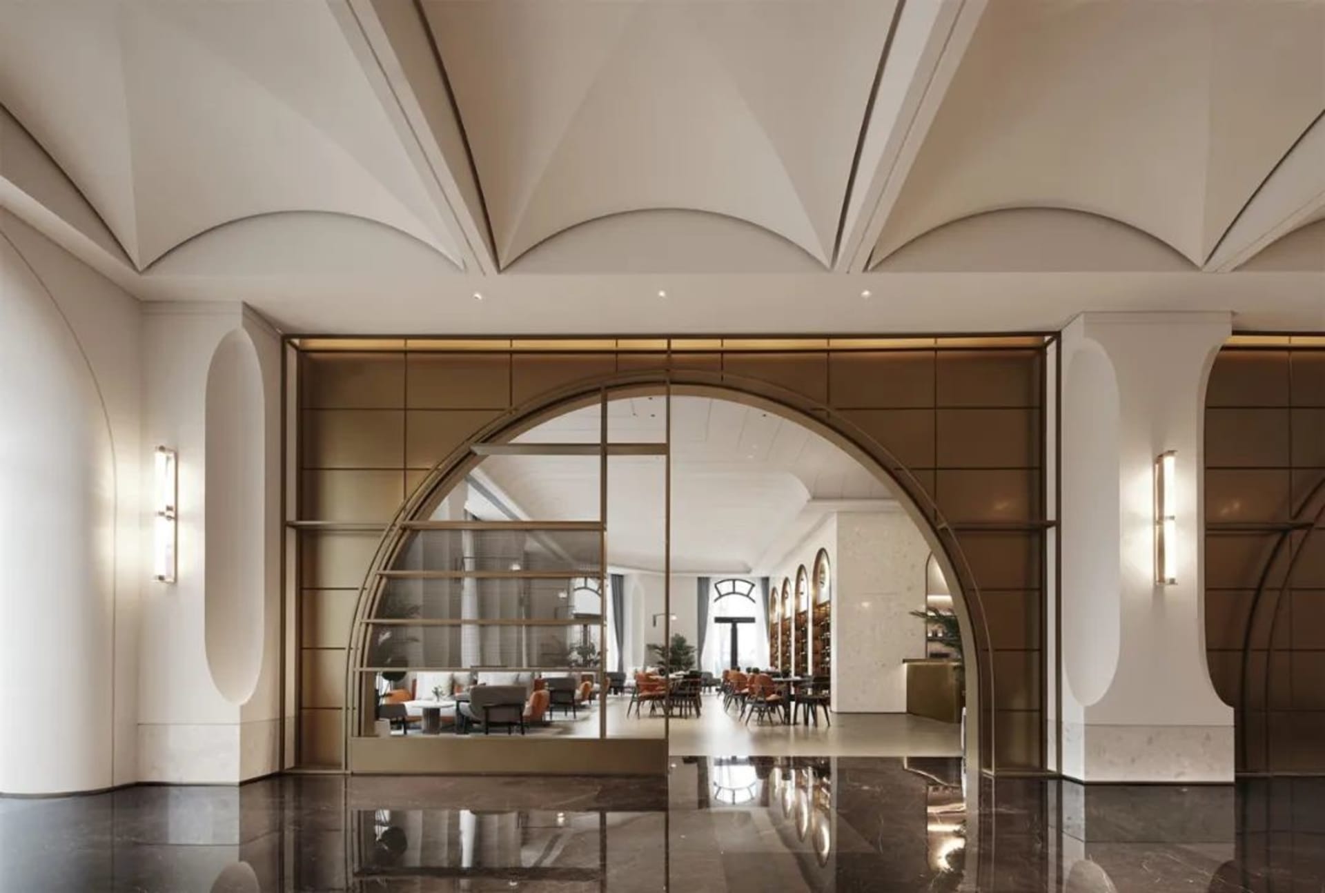 Elegant hotel lobby with a grand archway entrance, comfortable seating areas, and dining tables, set against a neutral background