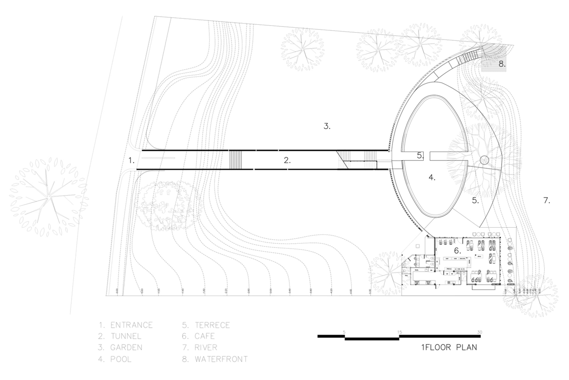 2D floor plan of a modern residential building with a dining area, kitchen, living room, pool, and waterfront features