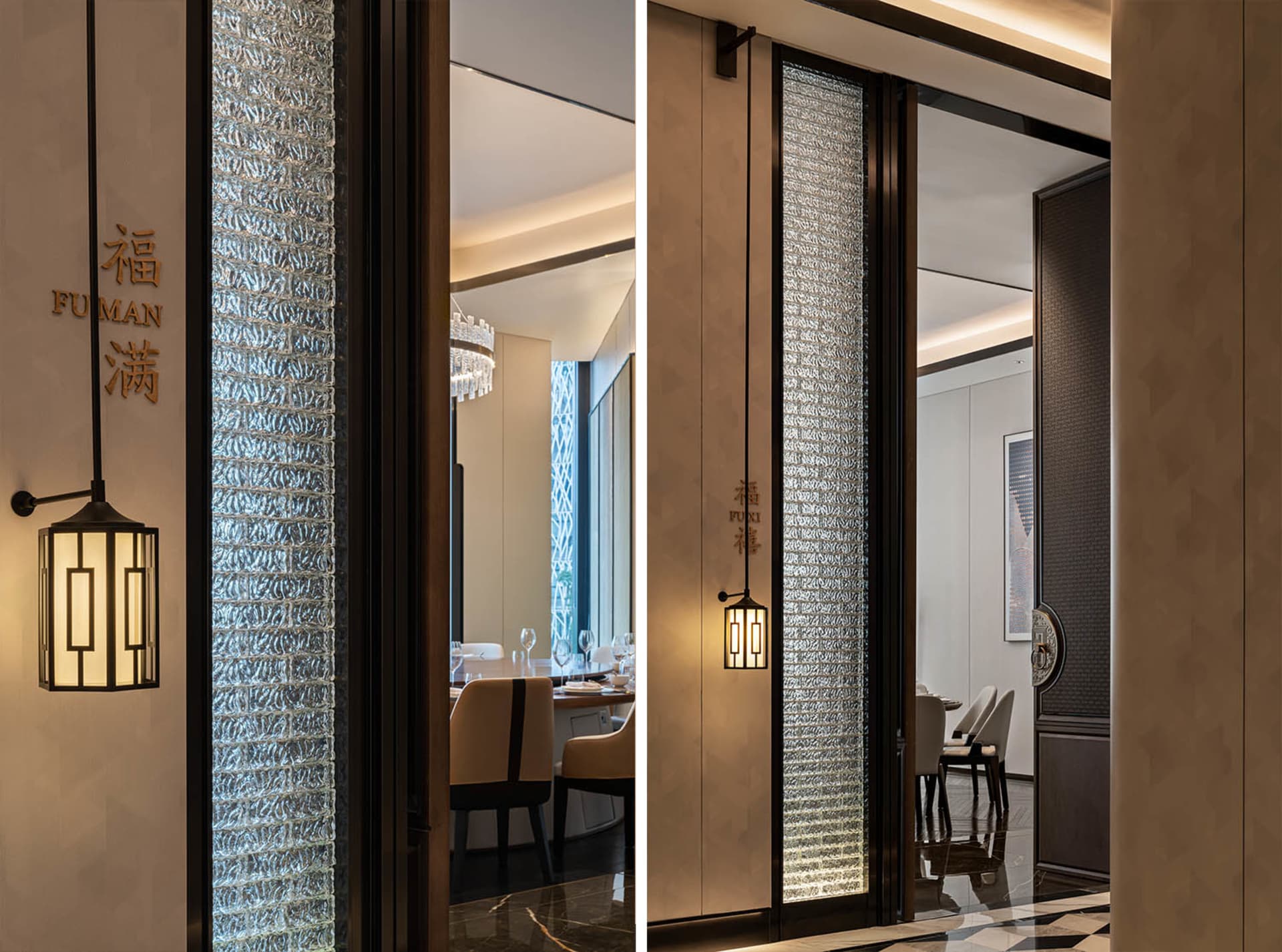 Elegant dining space with chairs, a dining table, and vases, set in a sophisticated atmosphere