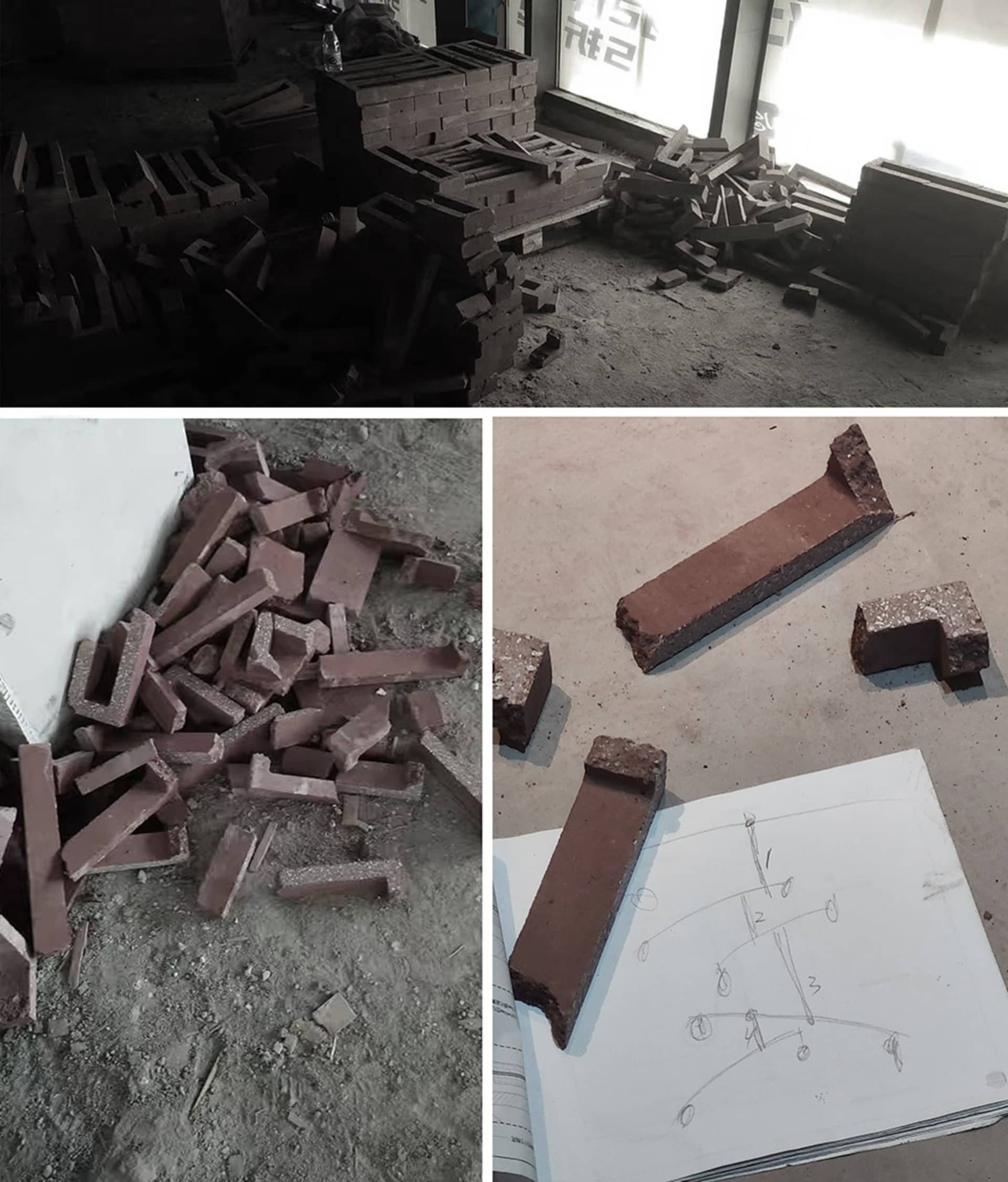 一系列圖像展示磚塊施工過程，從散落的磚塊到建成牆壁與室內空間