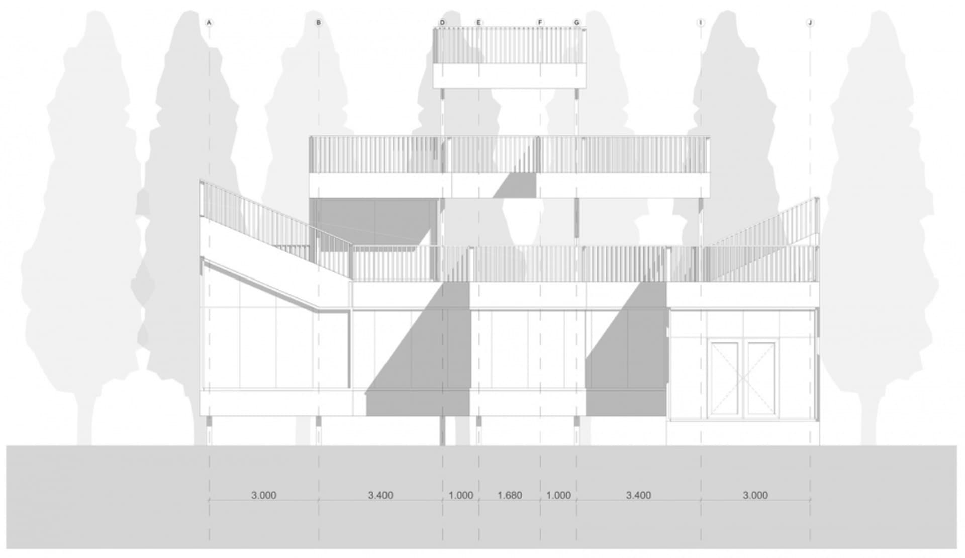 Architectural rendering of a modern building with multiple levels, stairs, railings, and a rooftop deck