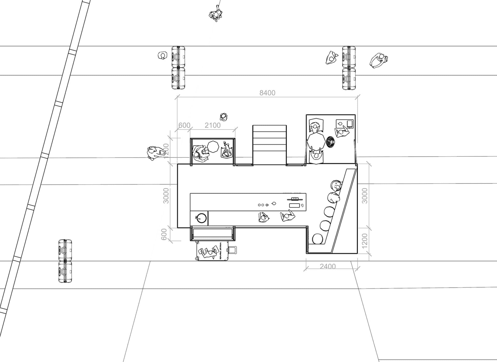 Detailed floor plan of a modern living space with a couch, dining table, chairs, and two beds, featuring a minimalist design with a focus on functionality and simplicity