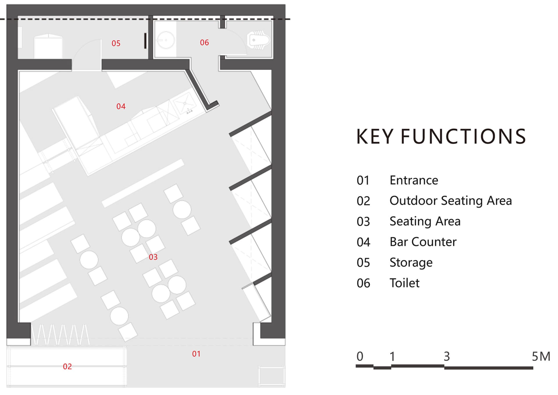 2D floor plan of a modern restaurant with various rooms, including a kitchen, dining area, and bar counter, featuring concrete, steel, and glass materials, with a focus on efficient use of space