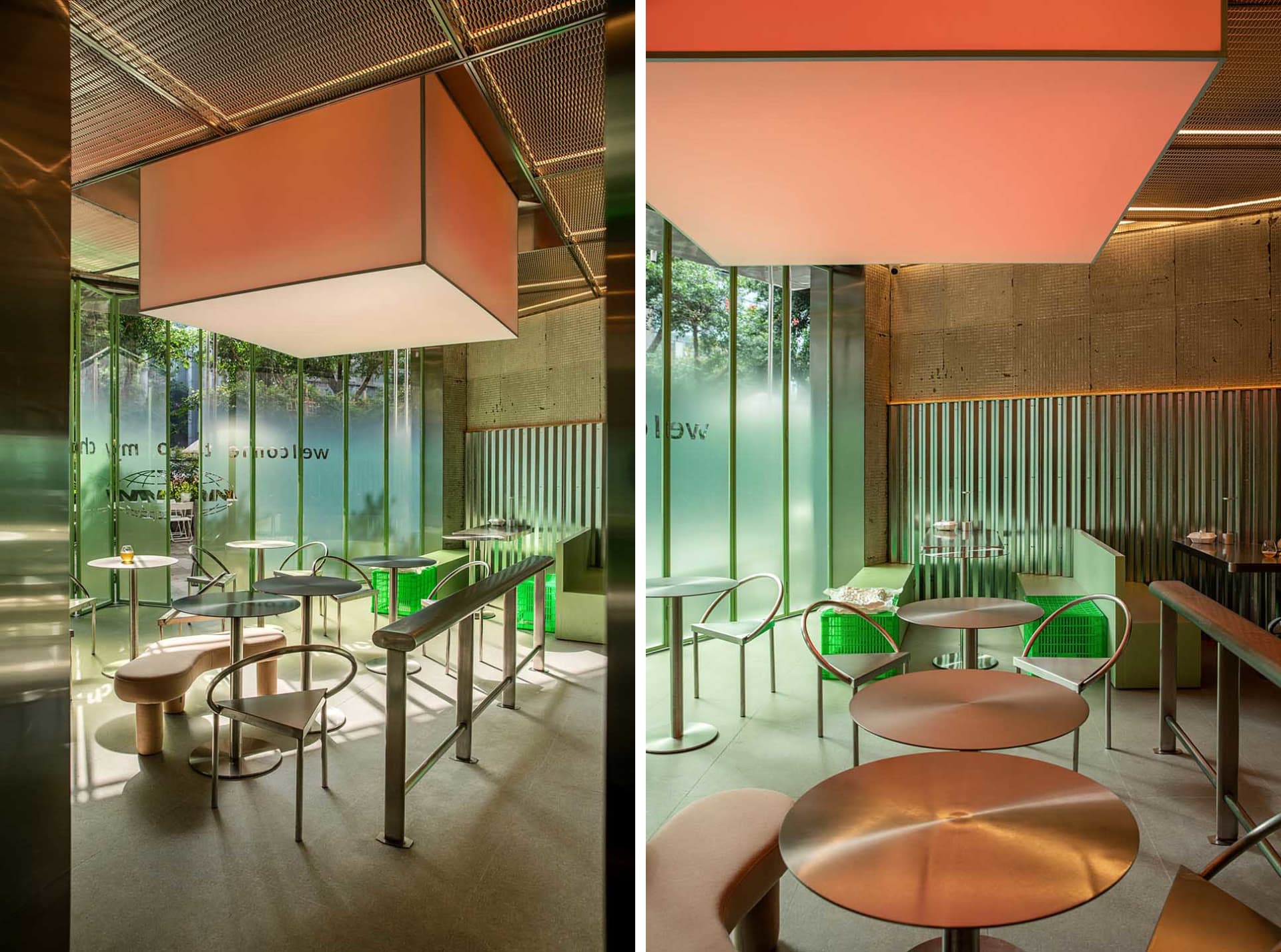 A modern restaurant interior with dining tables, silver topped chairs, and potted plants, creating a contemporary and inviting atmosphere