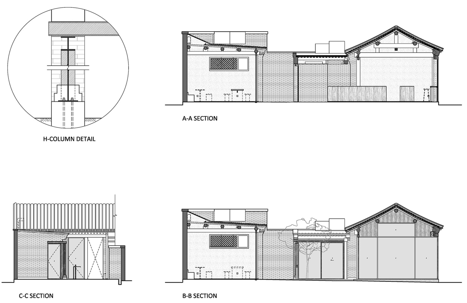 Architectural design with four views showcasing a building's layout, textures, colors, and lighting effects