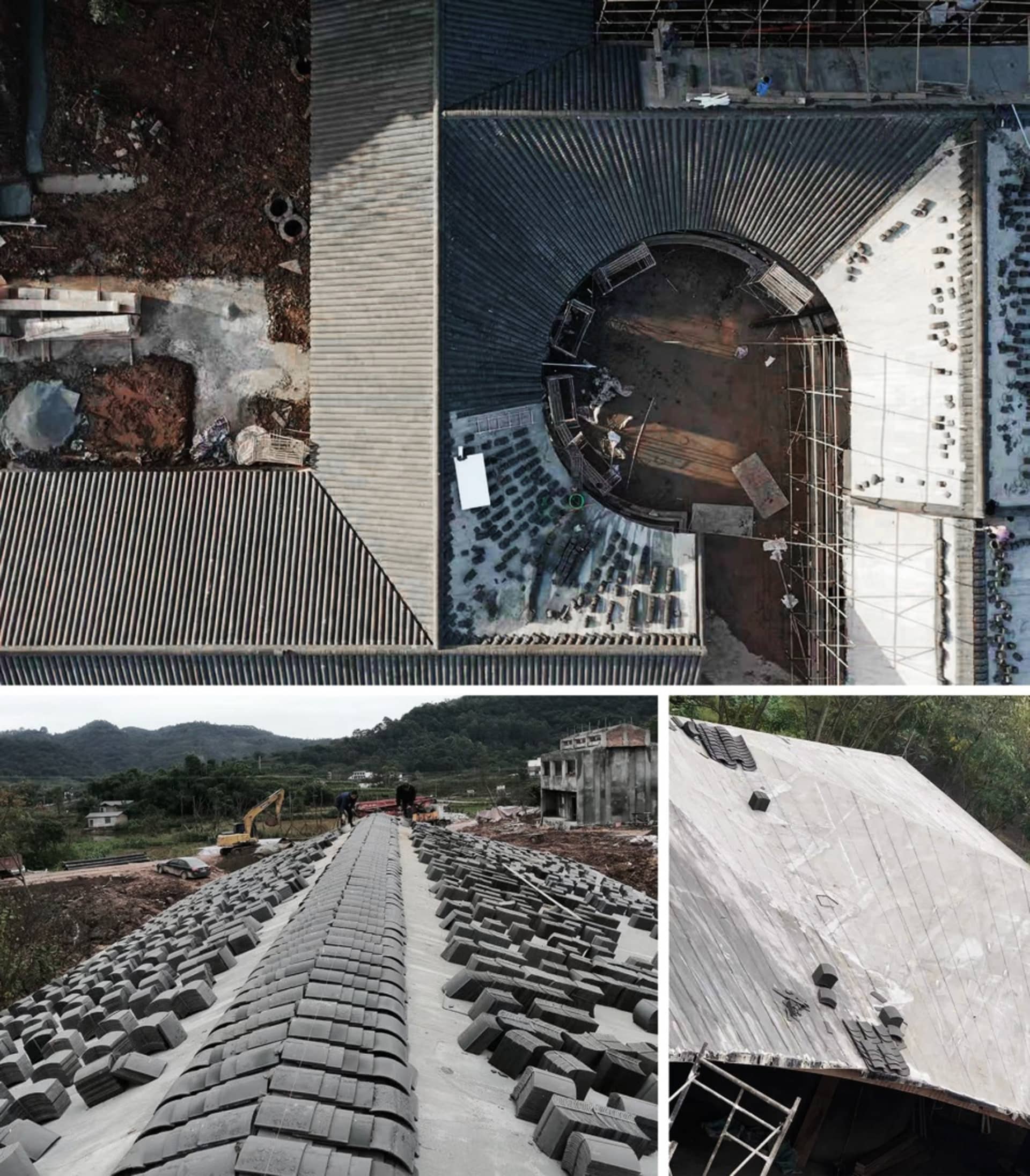 四張圖像展示未完工建築的各個施工階段，包括工人、室內視圖與外觀細節
