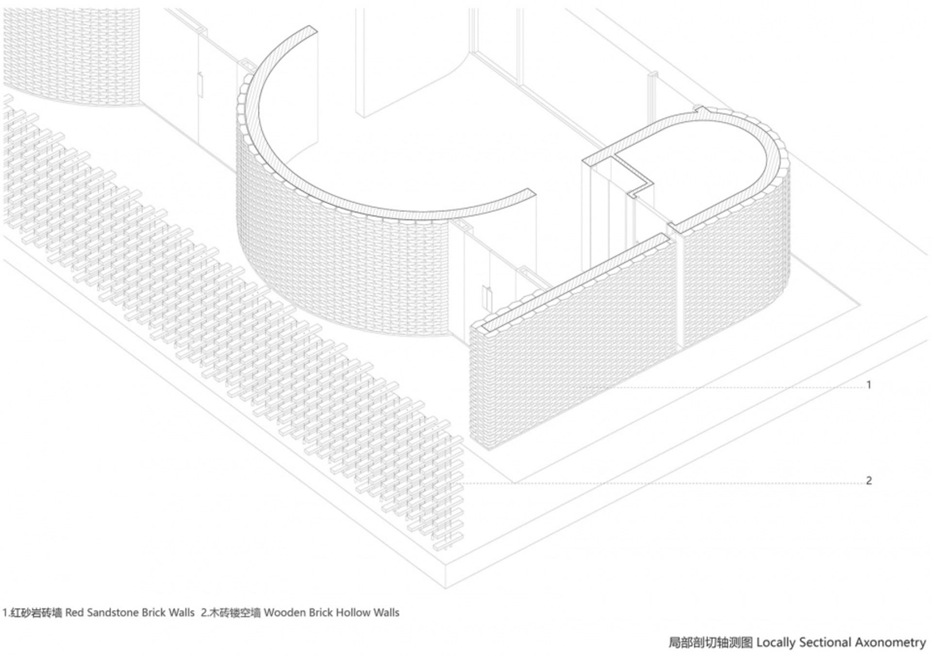 Architectural design of a modern building with a brick wall and wooden floors, featuring a contemporary style