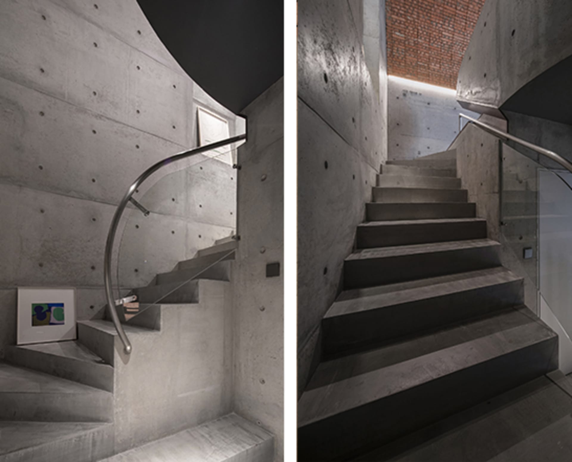A functional staircase with concrete steps and a practical design, showcasing a black and white photo and a rendered image of the stairwell leading to the upper level