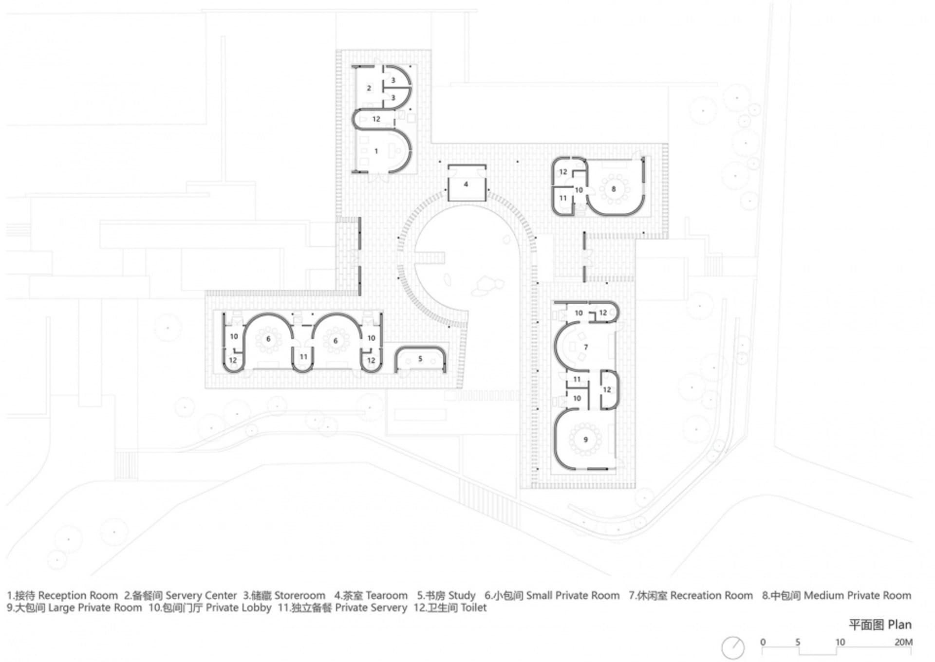 2D floor plan of a modern building with open areas, white walls, and well-defined spaces