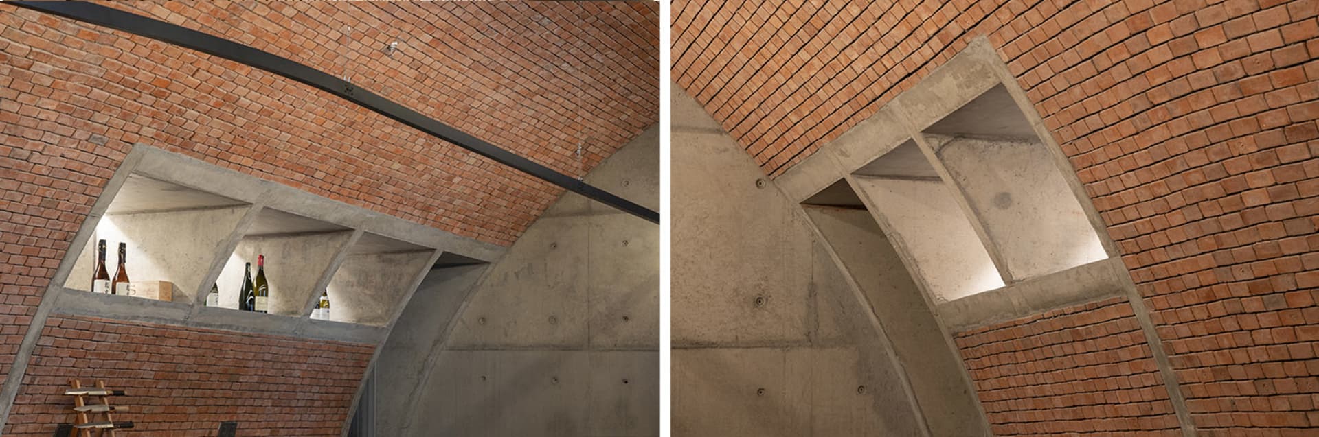 Modern building with brick walls and concrete ceiling, featuring clean lines and minimalistic design, with natural light illuminating the space