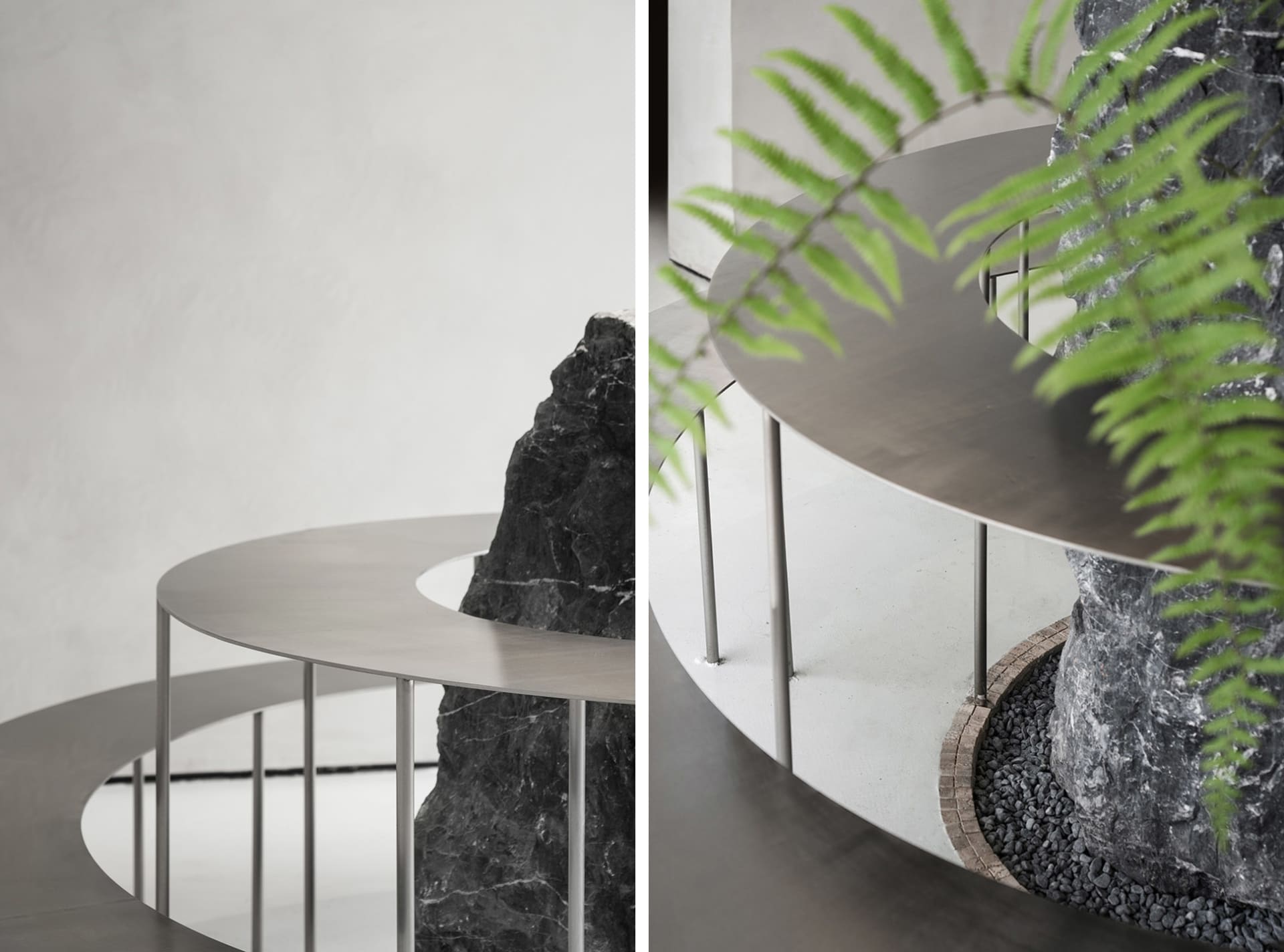 A modern living space with two large rocks and a potted plant, featuring clean lines and minimalistic design elements