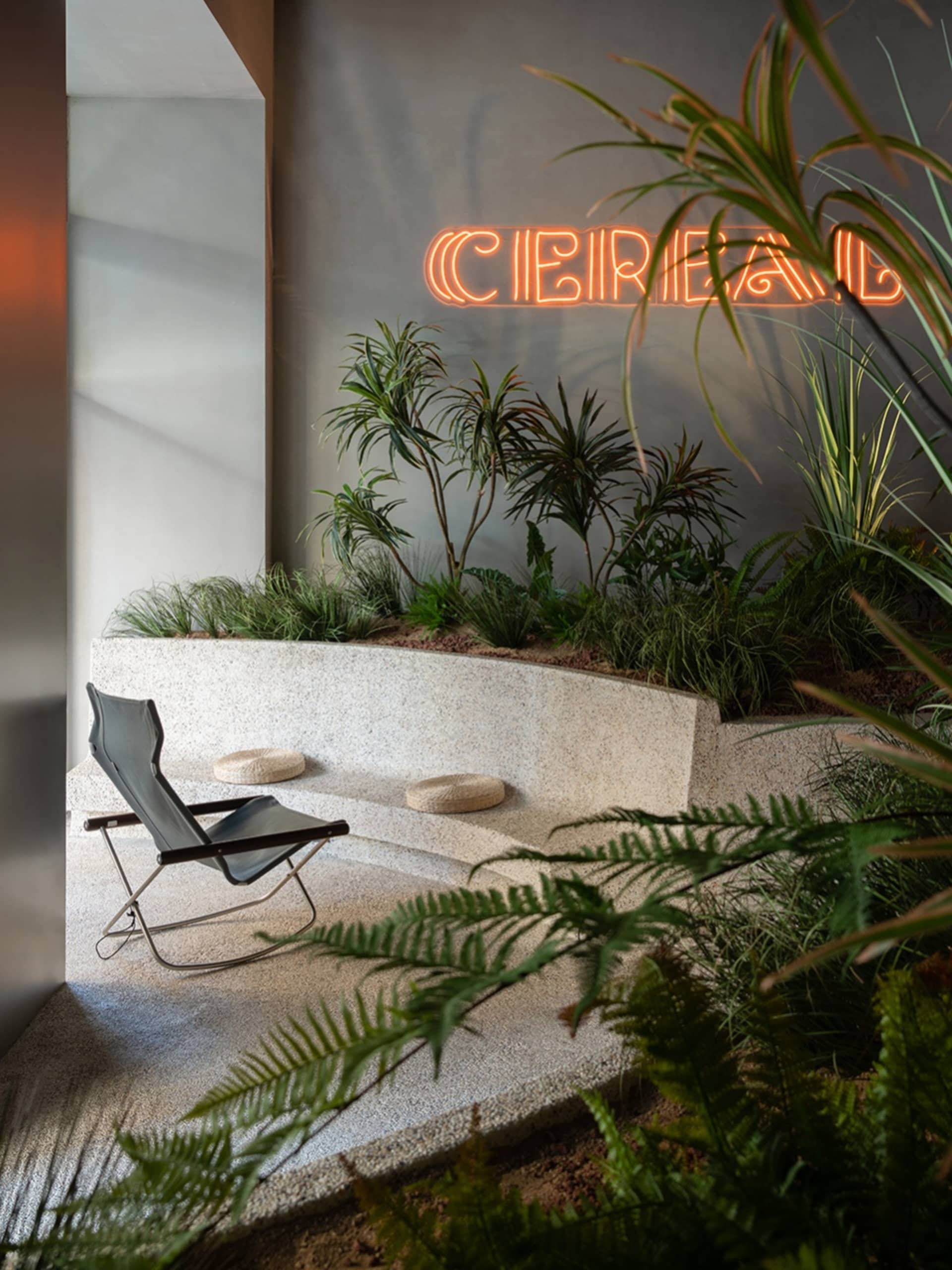 A cozy indoor space with a chair near a wall, surrounded by potted plants adding to the tropical ambiance