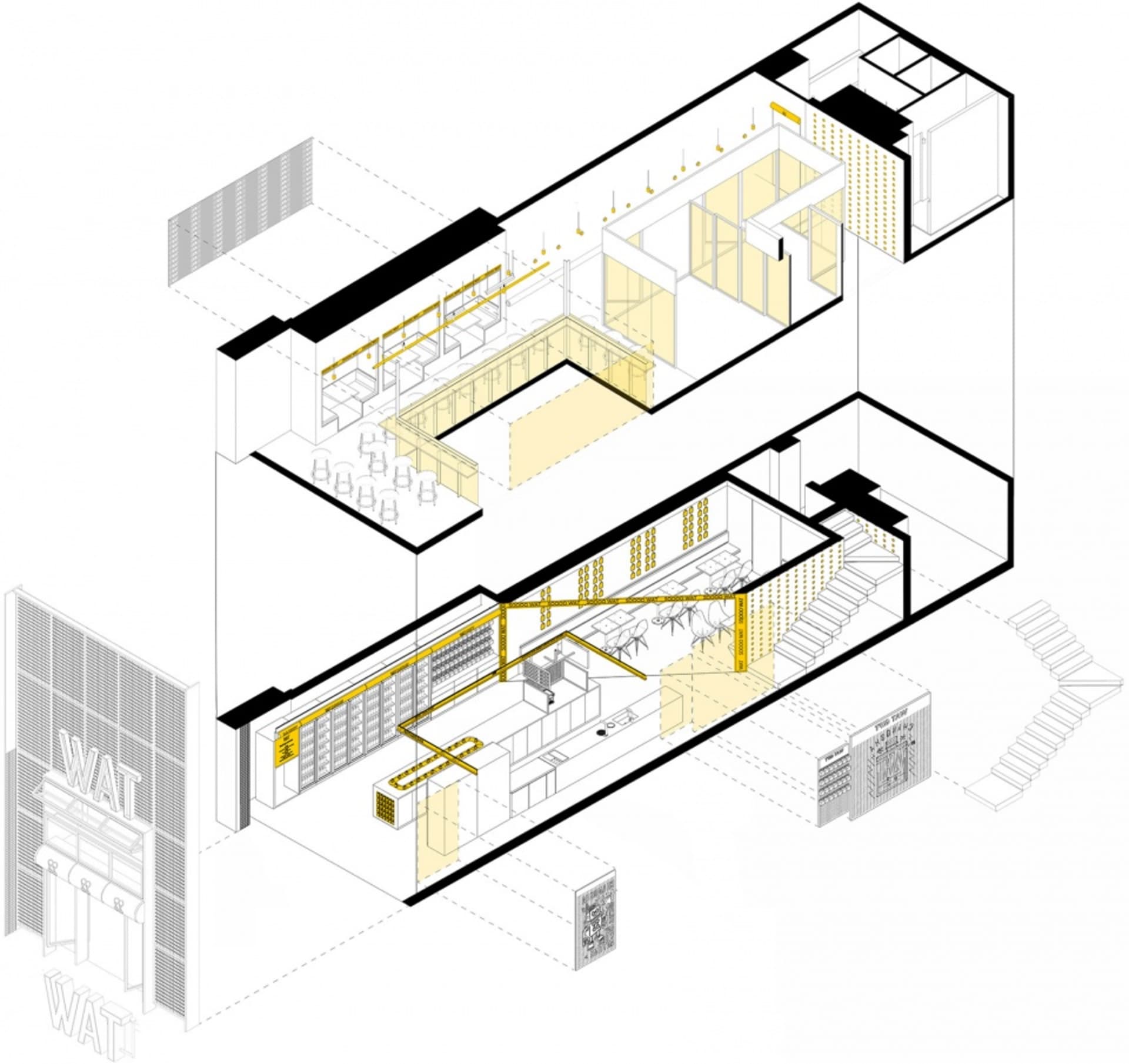 A modern living space with a mix of yellow and white elements, featuring a dining area, kitchen, and interconnected rooms with seating areas and couches