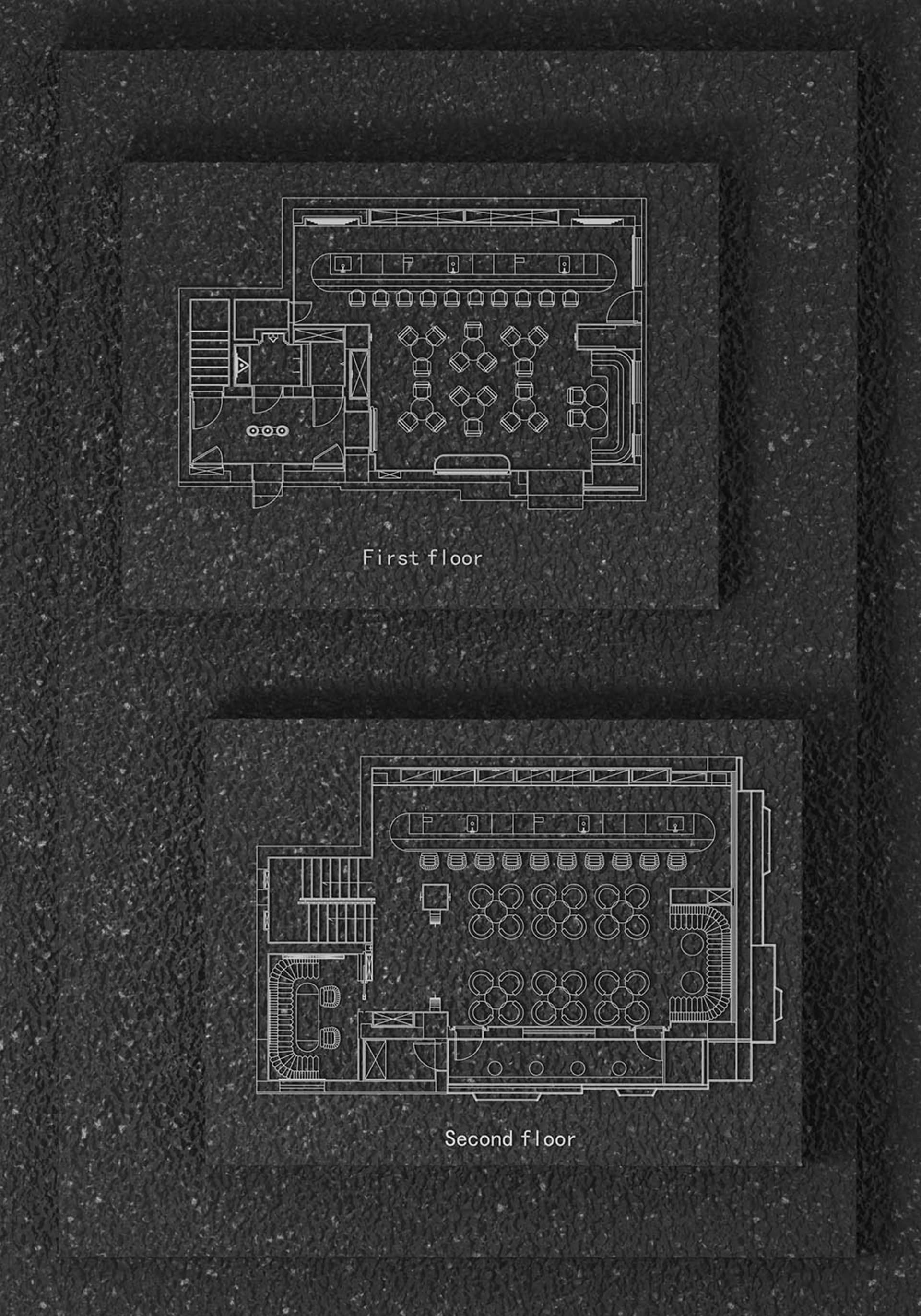 Black and white floor plan and perspective drawings of a modern hotel lobby with well-lit rooms and functional design