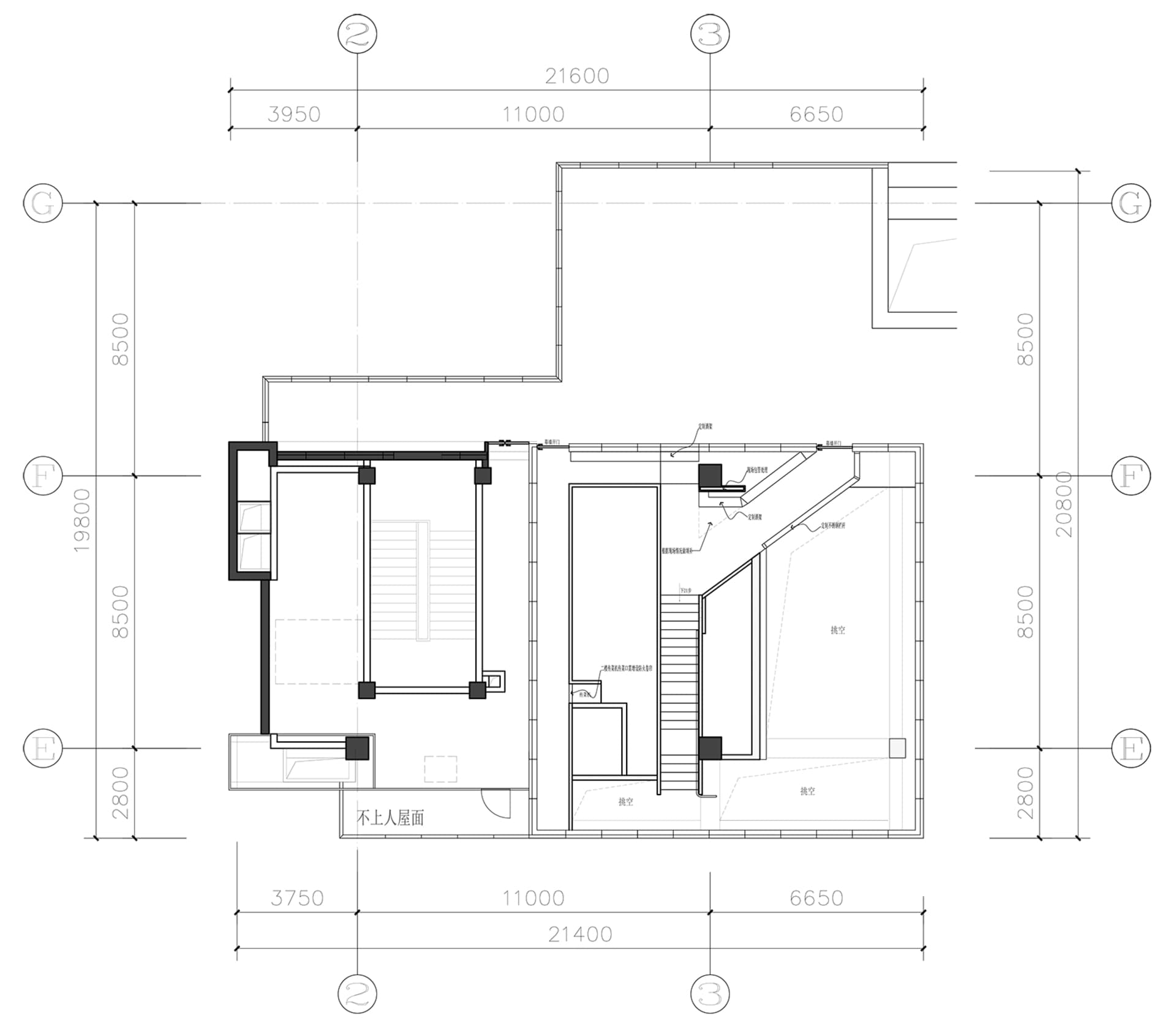 Architectural drawing of a modern interior with a prominent staircase, white walls, and black outlines, illuminated by natural light