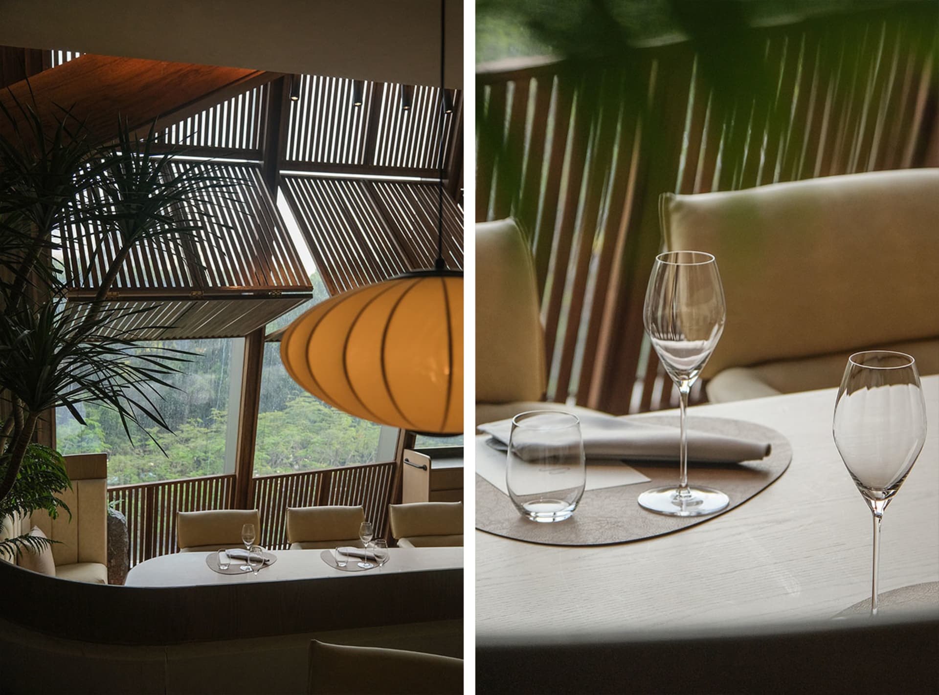 Dining area with wood and metal elements, well-lit and inviting, featuring chairs, tables, and a wine glass
