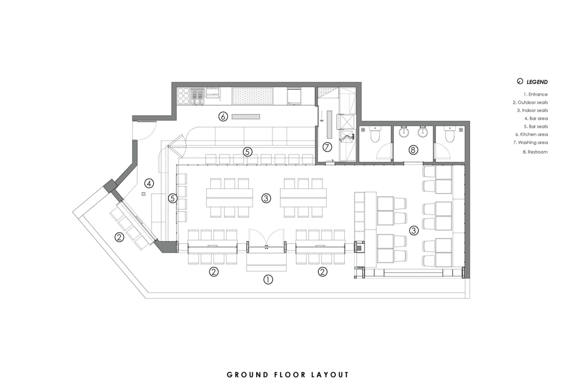 2D floor plan of a modern restaurant with various rooms and clear indications of different spaces and their functions