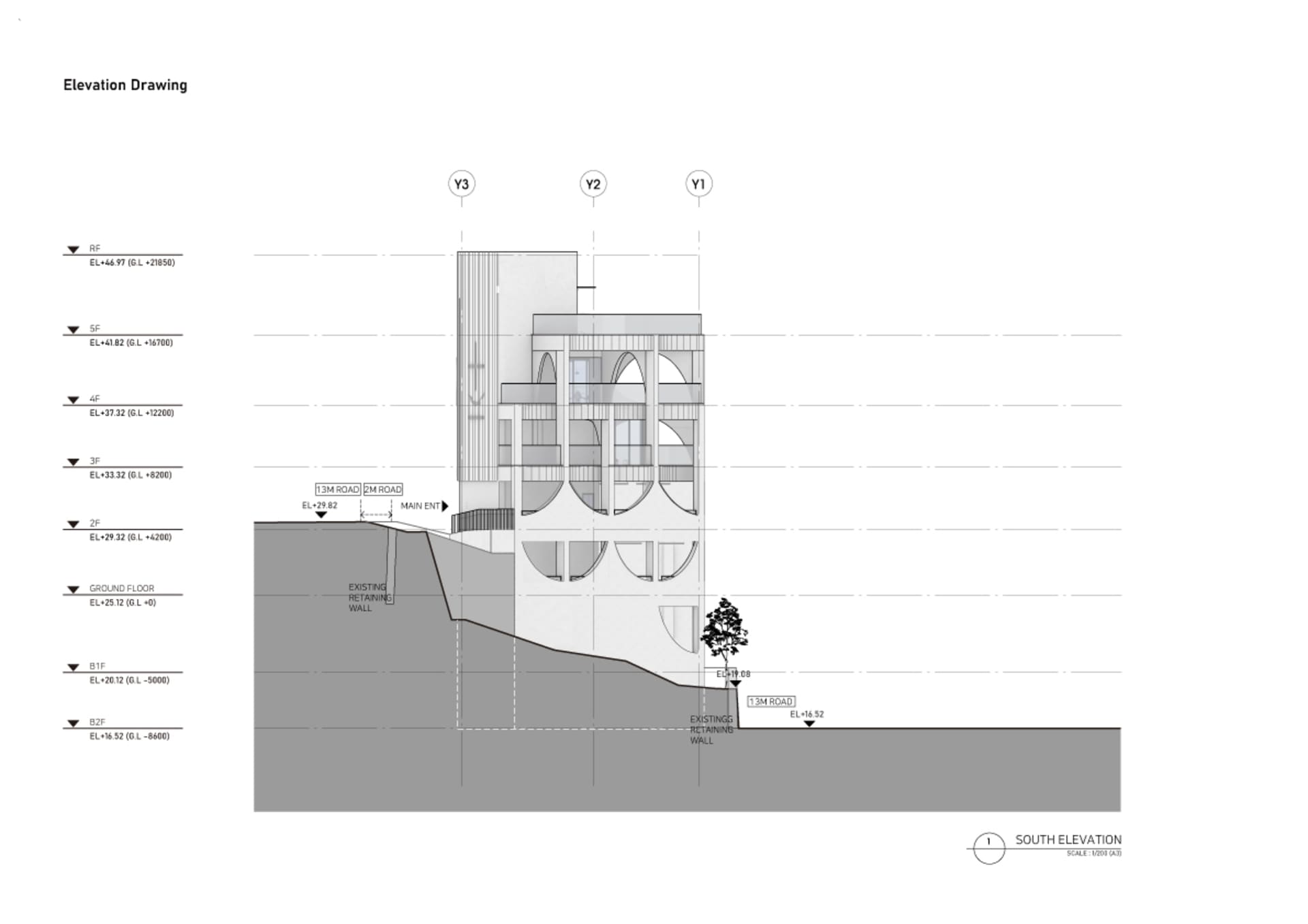 教堂建築圖，擁有大型圓頂，顯示結構各層與剖面，背景襯托樹木