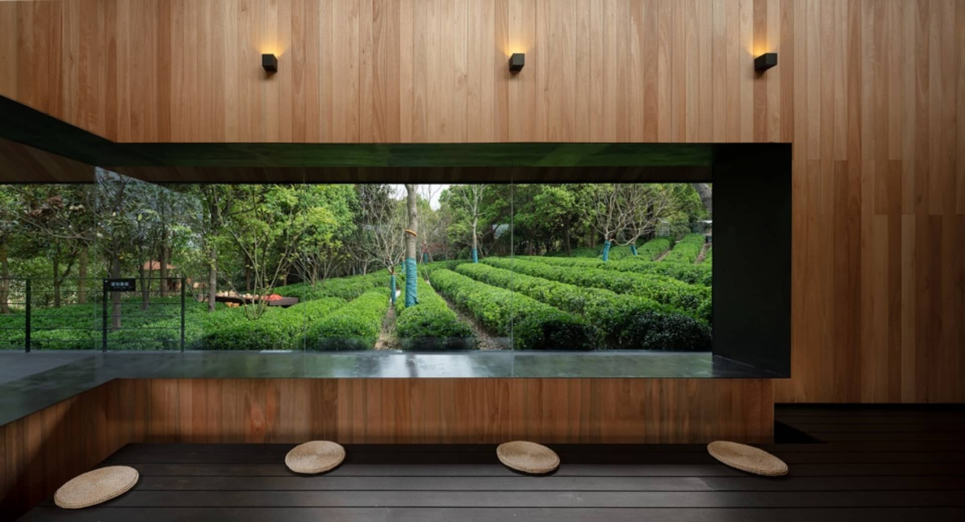 Indoor space with a large window offering a view of a lush green field, featuring two wooden benches and a serene atmosphere