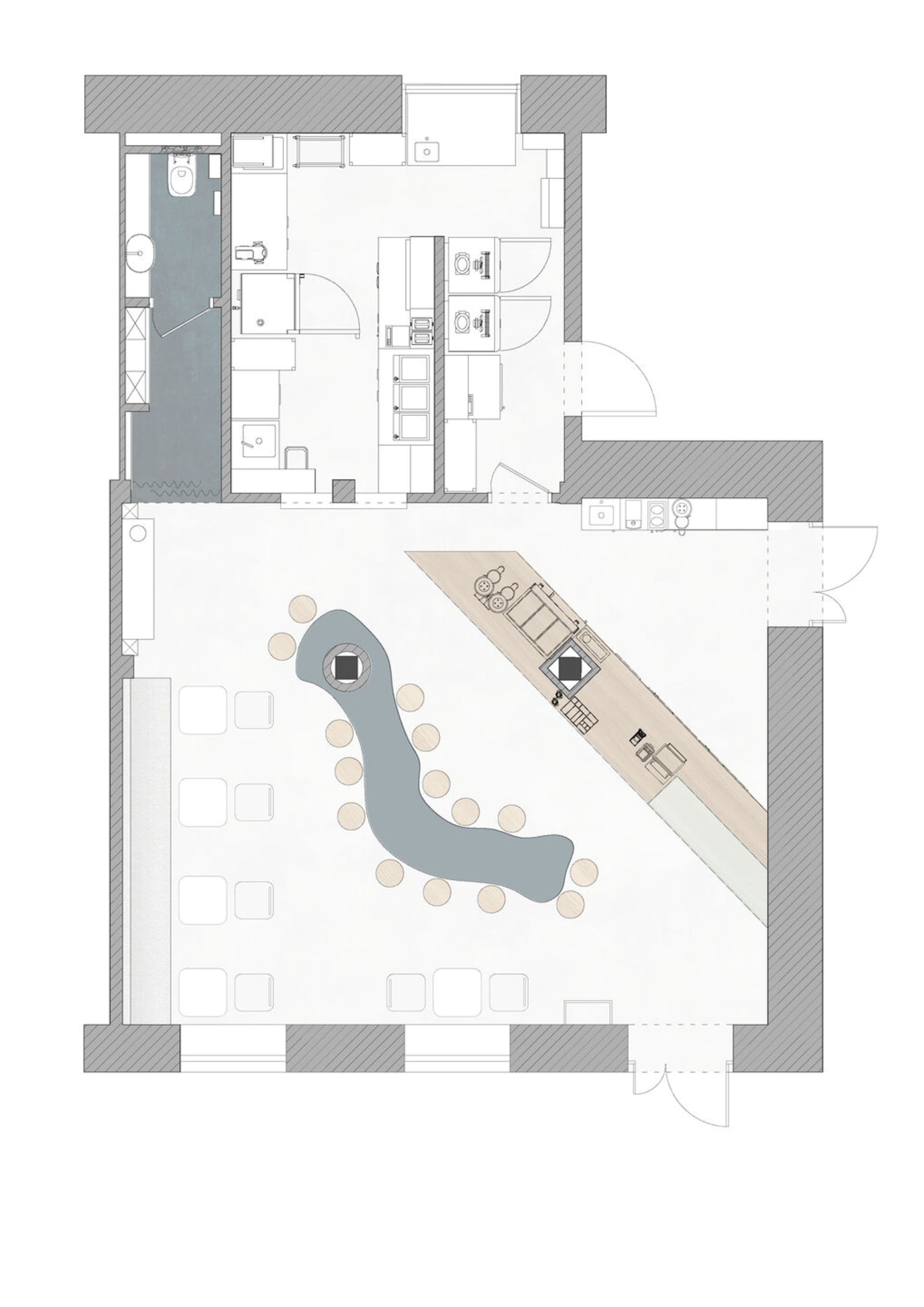 White modern building with multiple rooms and spaces, featuring chairs and dining tables, in a spacious and well-lit environment