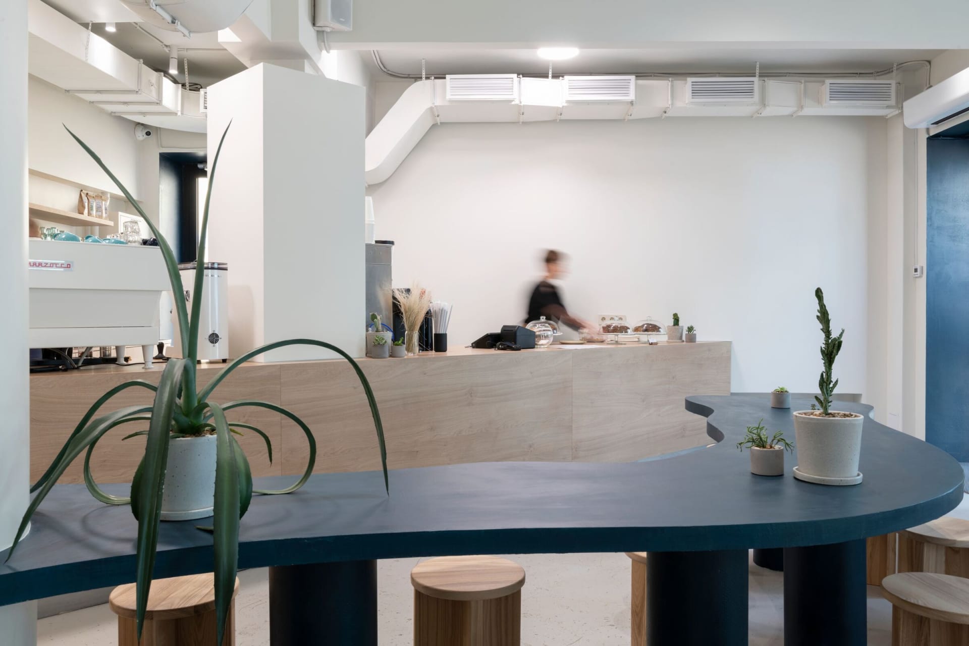 A cozy cafe with a wooden countertop, potted plants, and a dining area with chairs and cups, creating a warm and inviting atmosphere