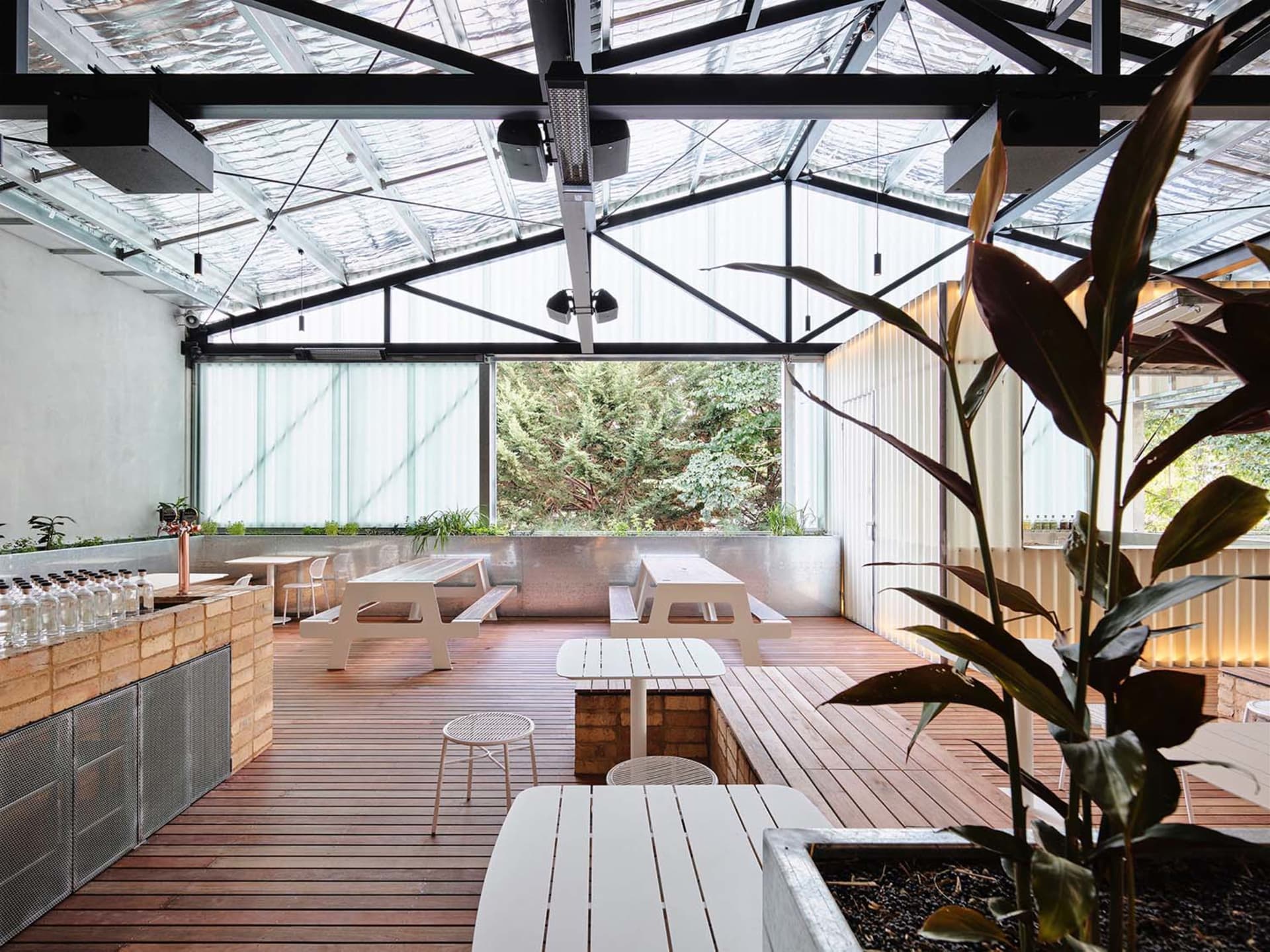 A warm and inviting dining space with wooden floors, natural light, and potted plants