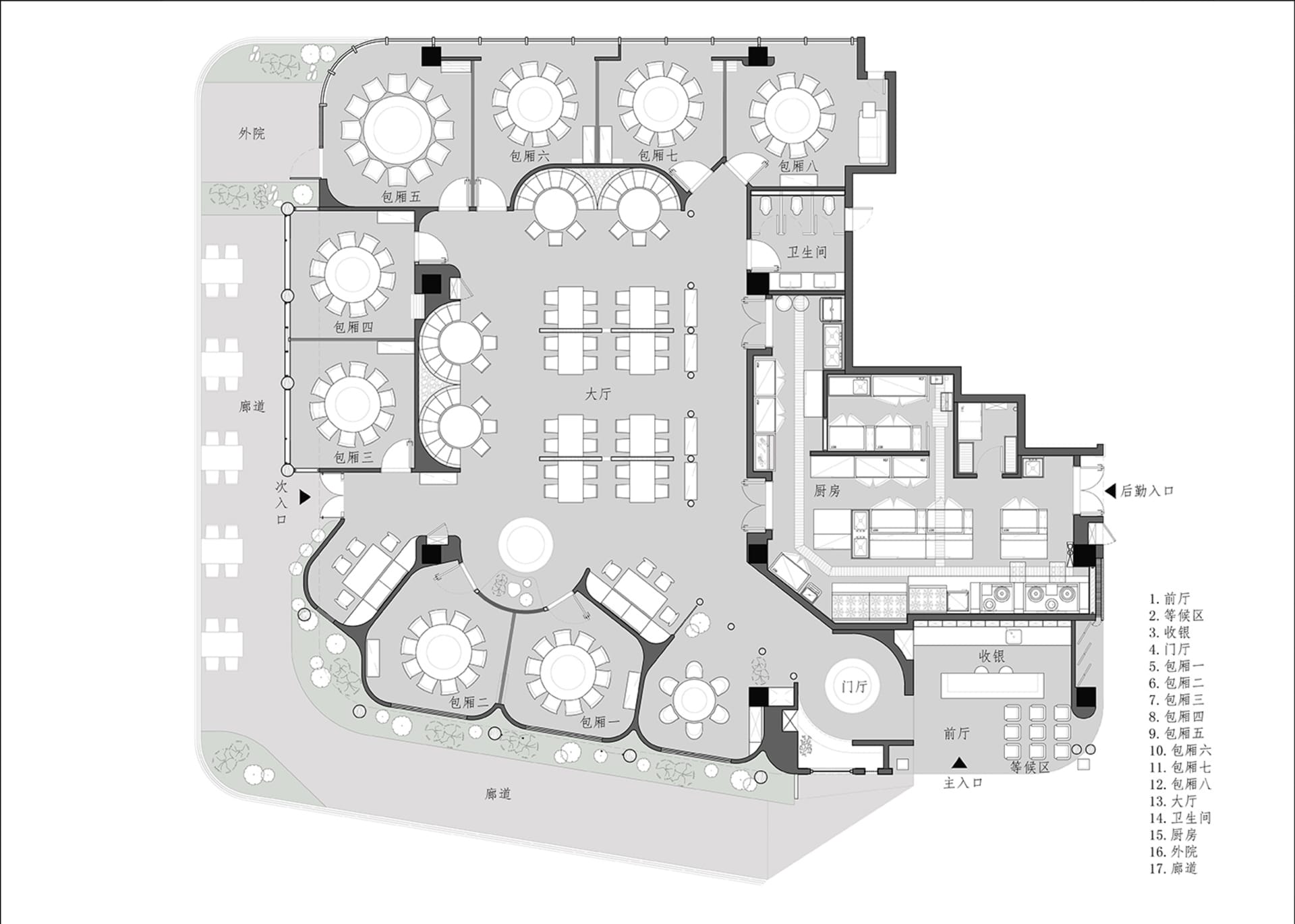 2D floor plan of a modern hotel with multiple rooms and hallways, featuring furniture and linework
