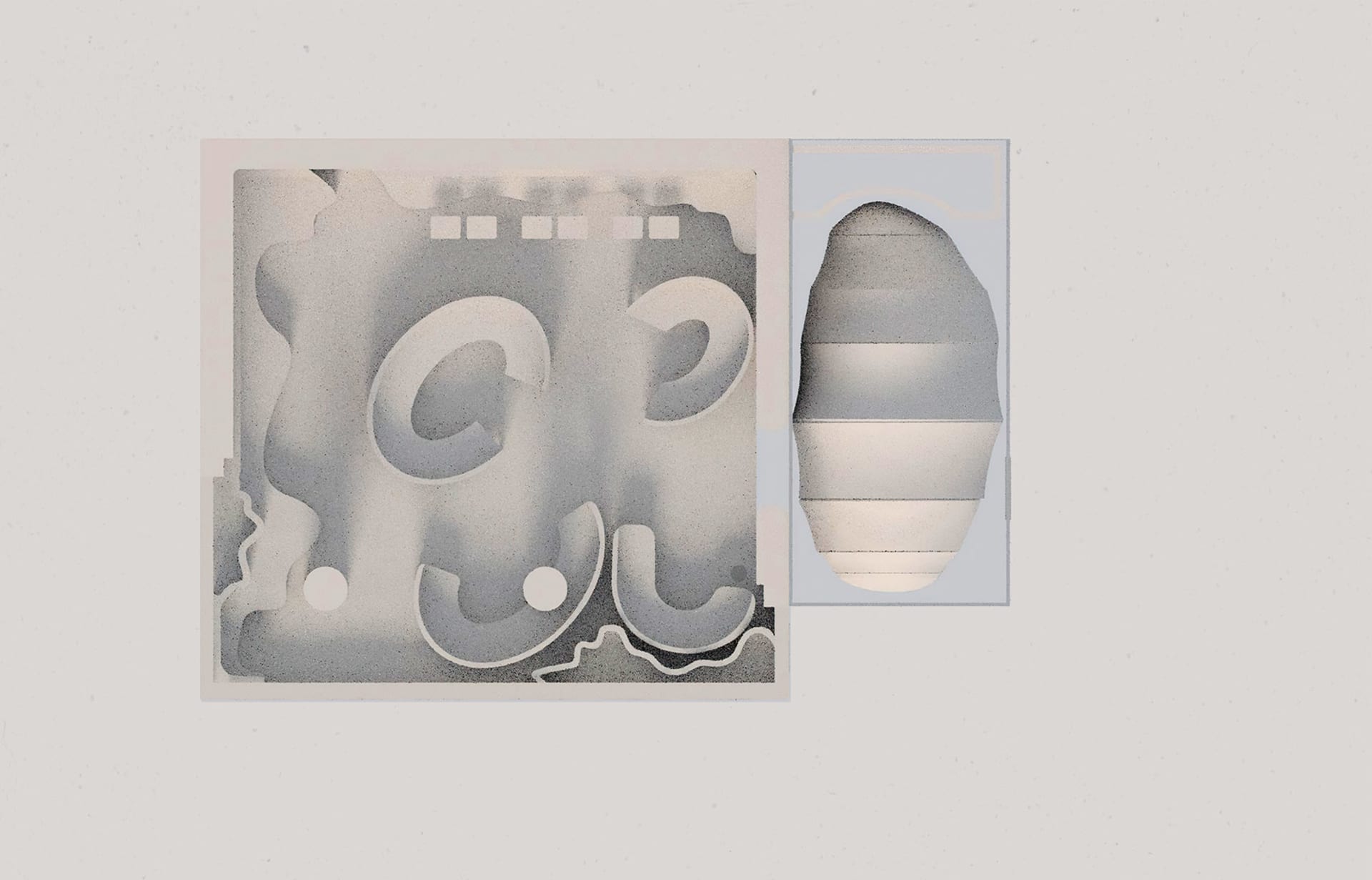 A creative bathroom design featuring an abstract face and geometric shapes on a white background
