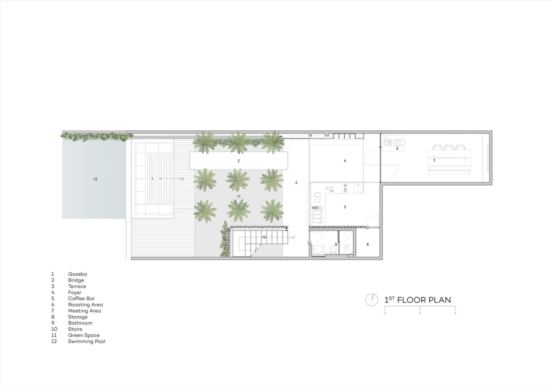 Modern interior design featuring a living room, kitchen, dining area, and bedroom with furniture, potted plants, and a focus on functionality and aesthetics