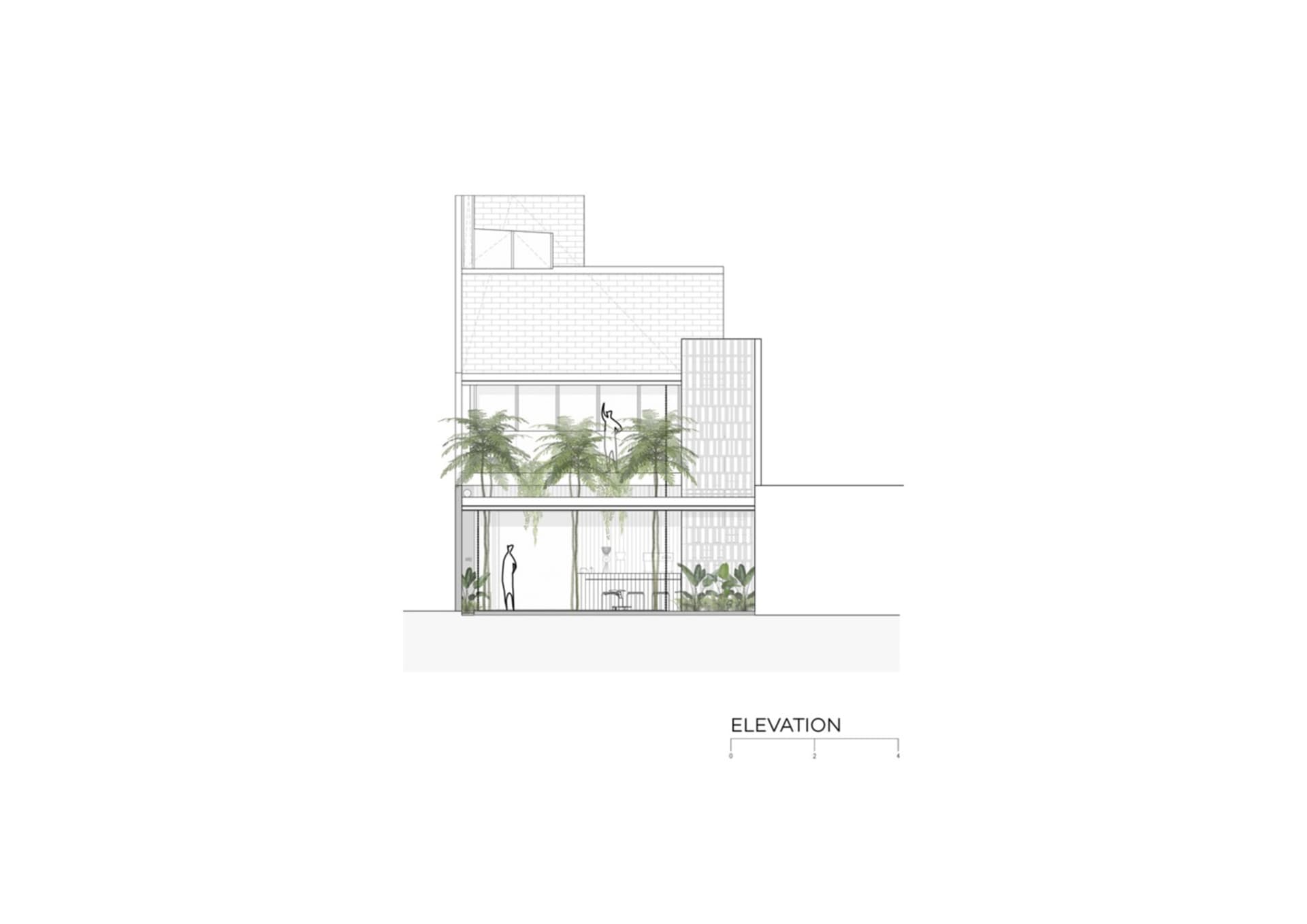 A modern building with a large window and palm trees in front, set in a tropical environment