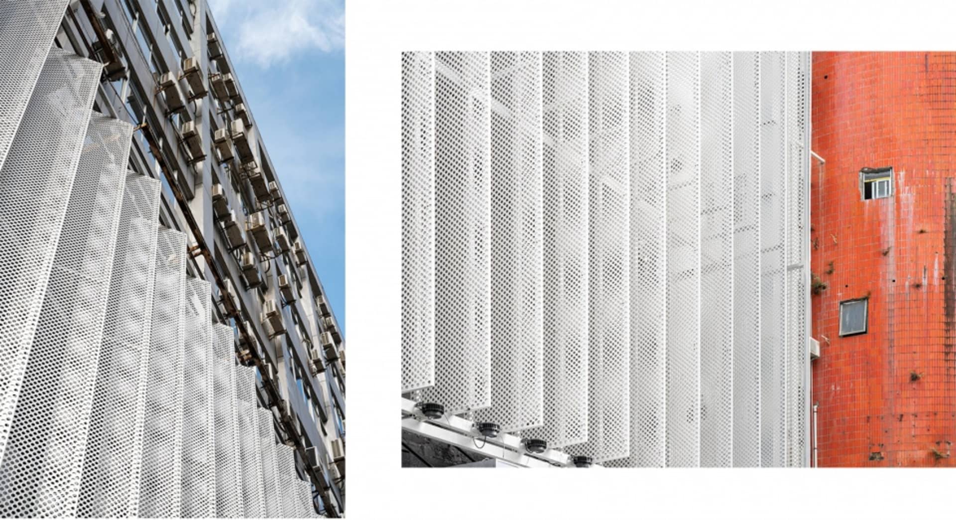 A modern building with a steel facade, featuring a large metal structure on its side, with a front and back view