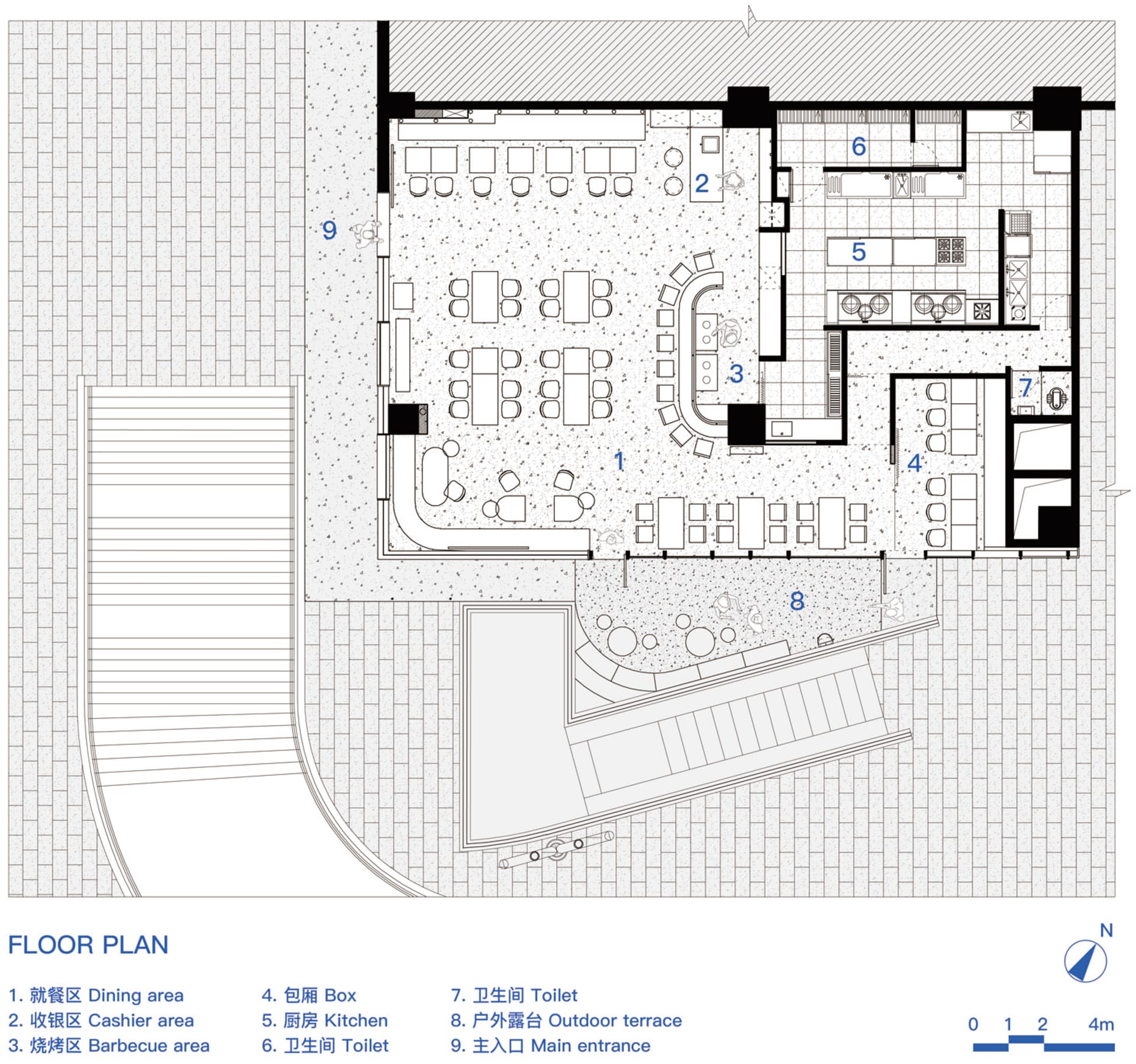 2D floor plan of a modern restaurant with multiple dining tables and chairs, well-lit with possible natural and artificial light sources