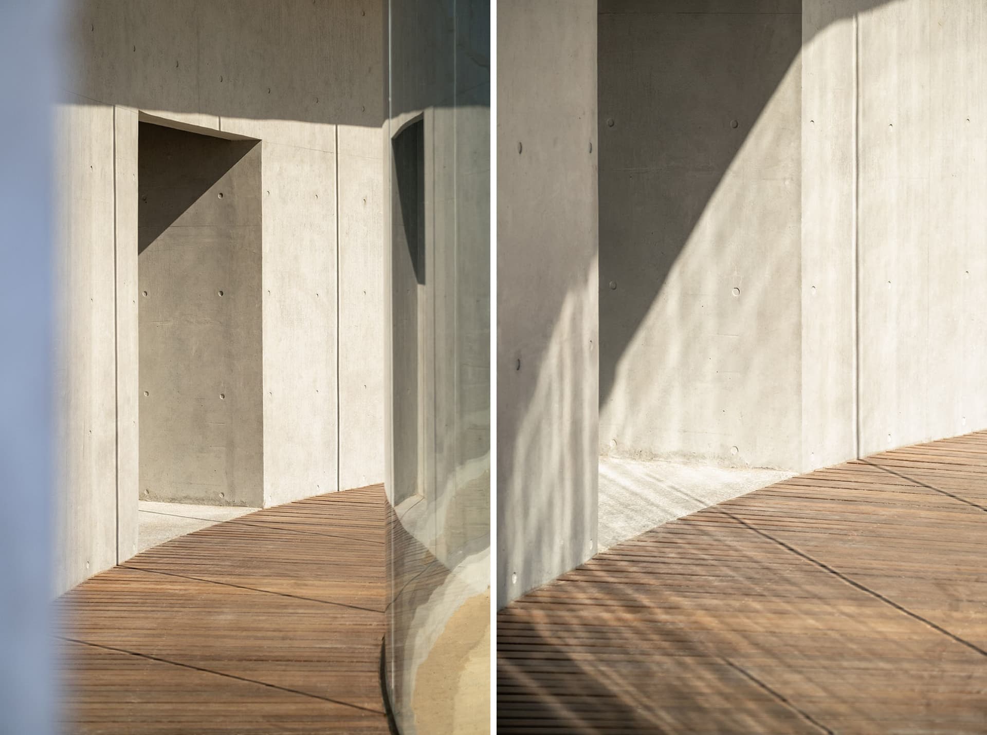 Empty industrial space with concrete walls and a modern feel, featuring two views of the same room with and without doors